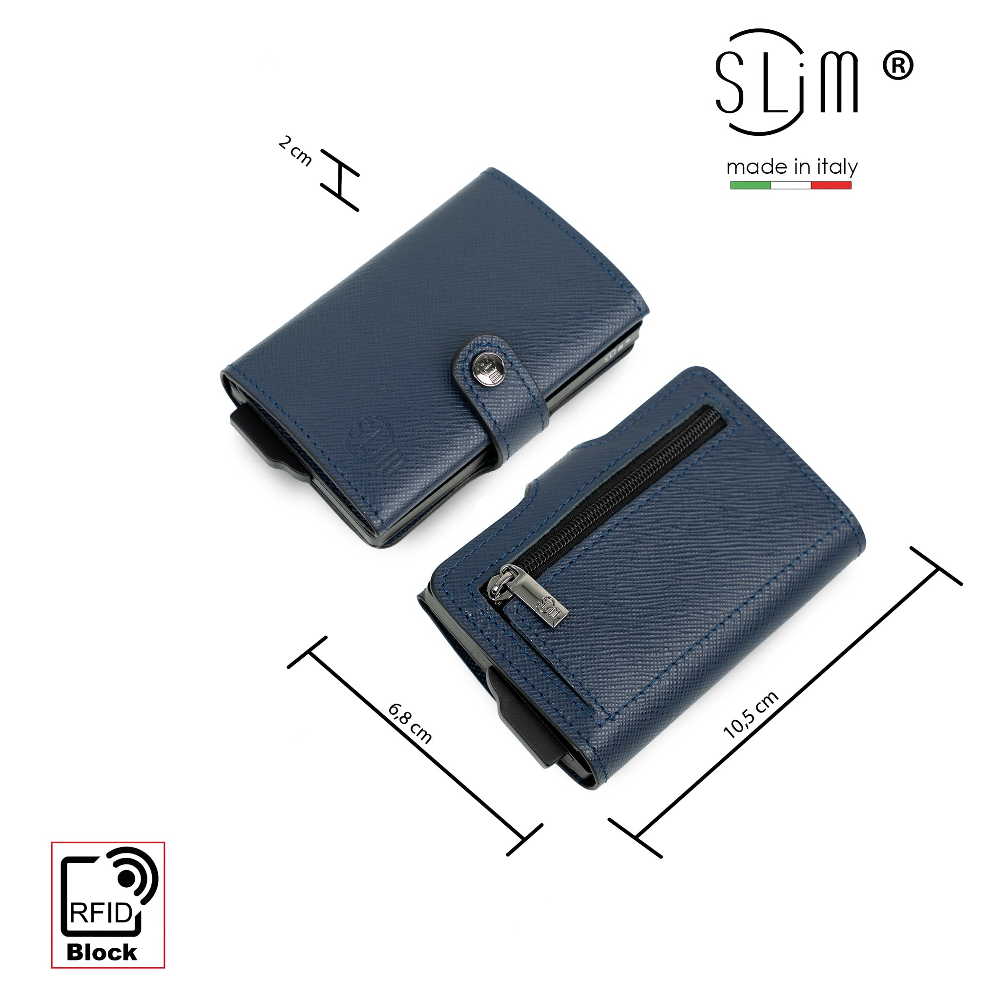 SLim Saffiano Portacarte Pelle Blu Zip Antigraffio
