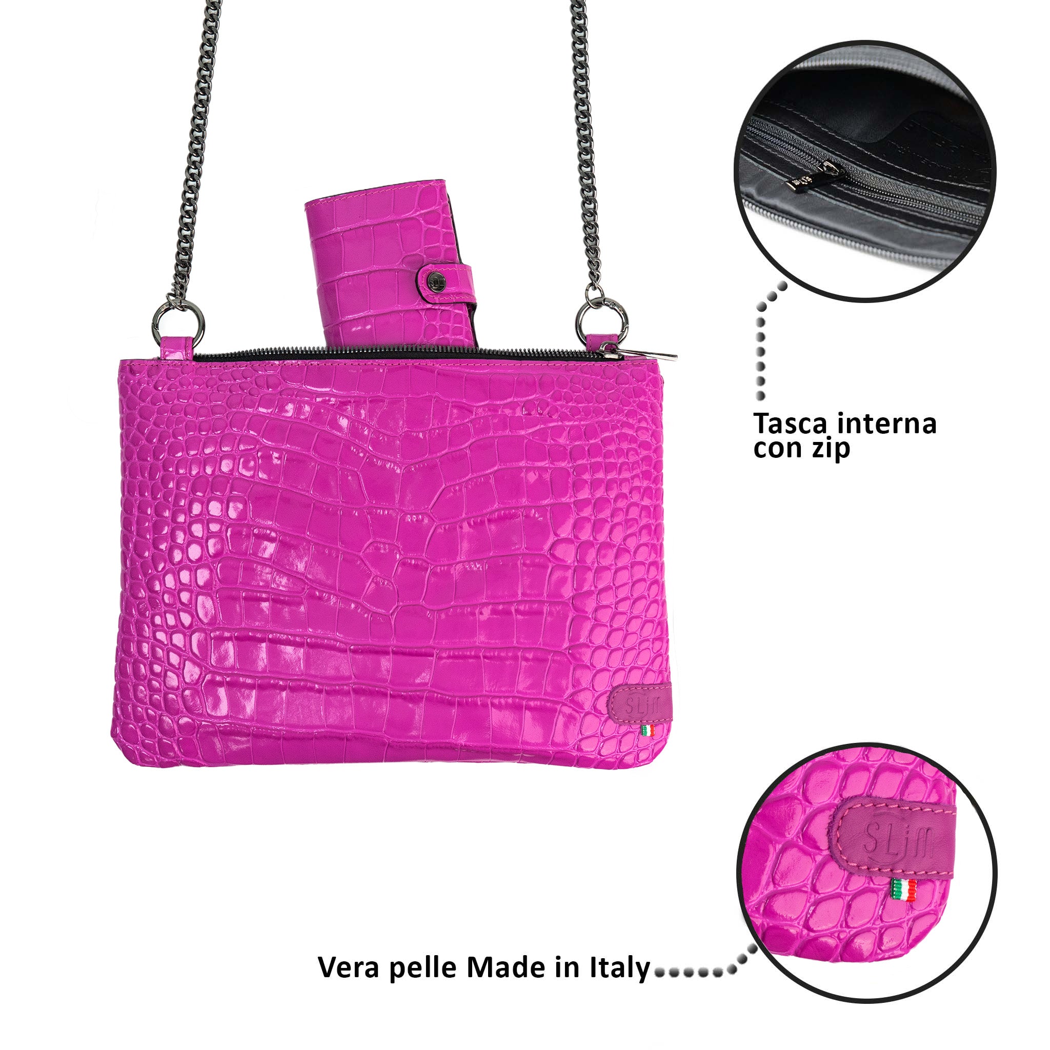 SLim Pochette Tracolla Pelle Cocco Fucsia