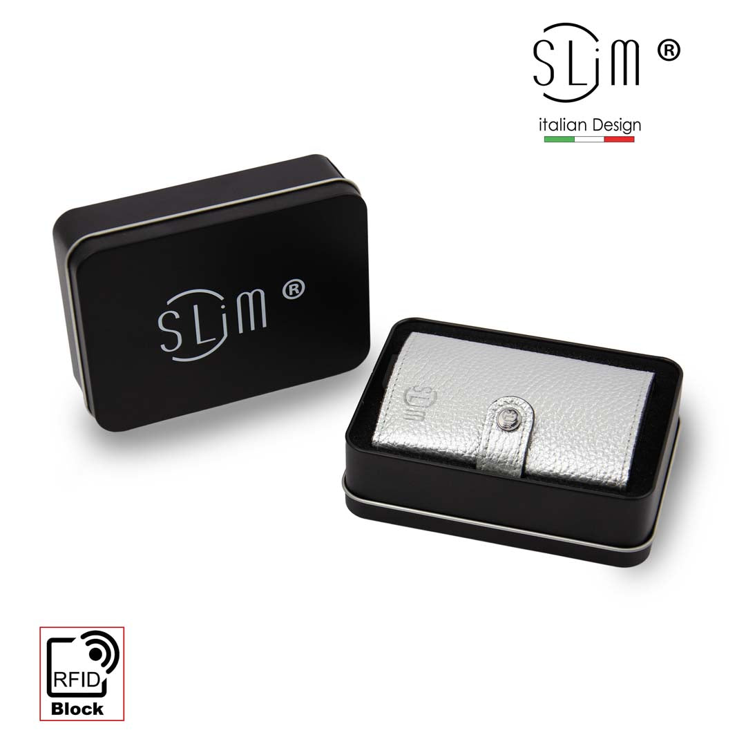 SLim Bottalato Portafoglio Metal Argento Zip Porta Monete RFID