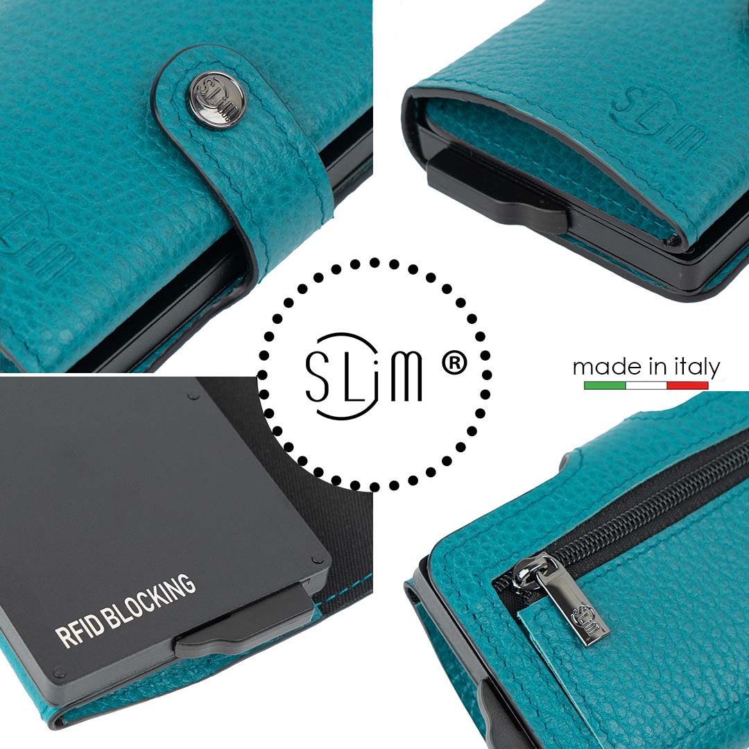 SLim Bottalato Porta Carte Pelle Petrolio Zip RFID