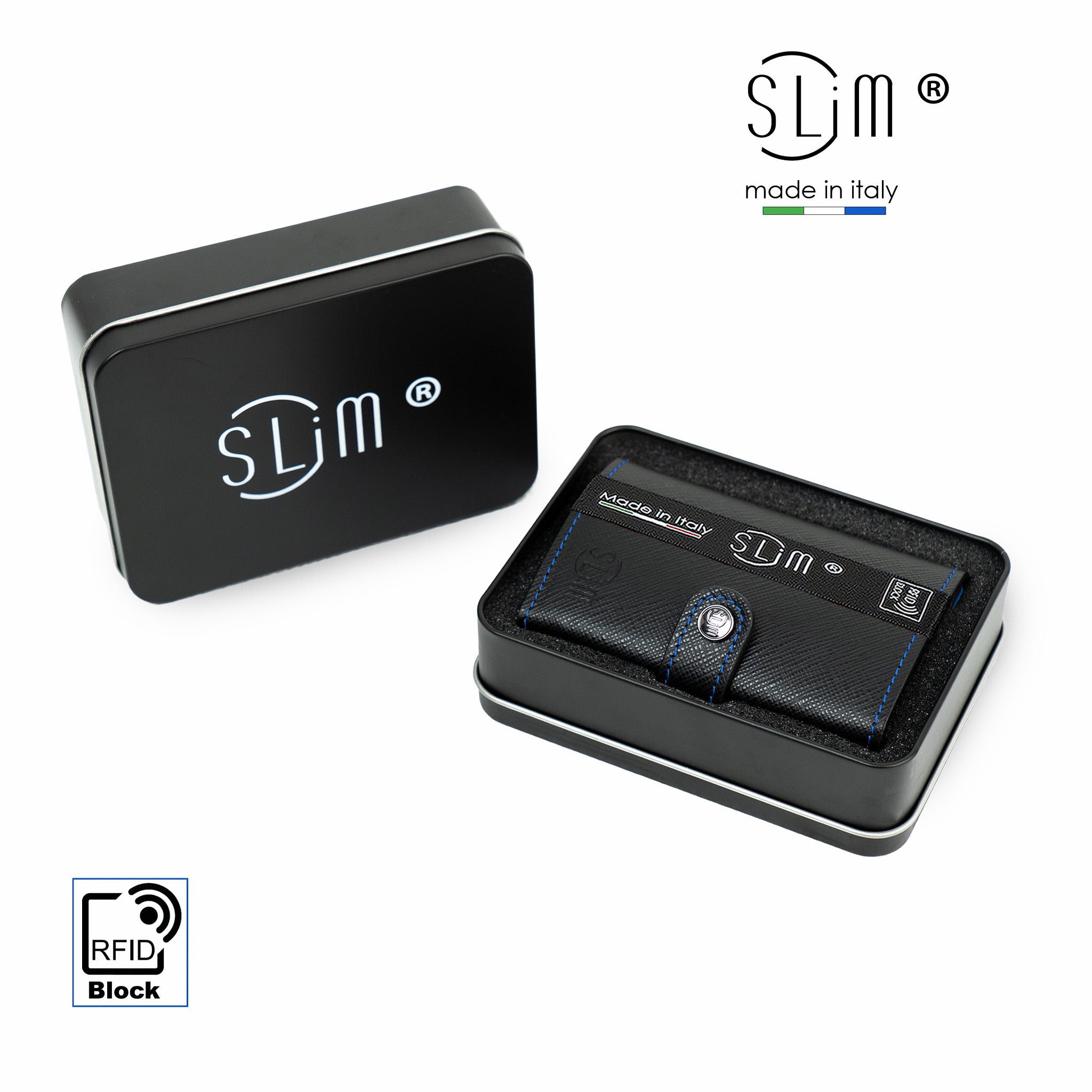 SLim Saffiano Nero portafoglio cassa blu vera pelle