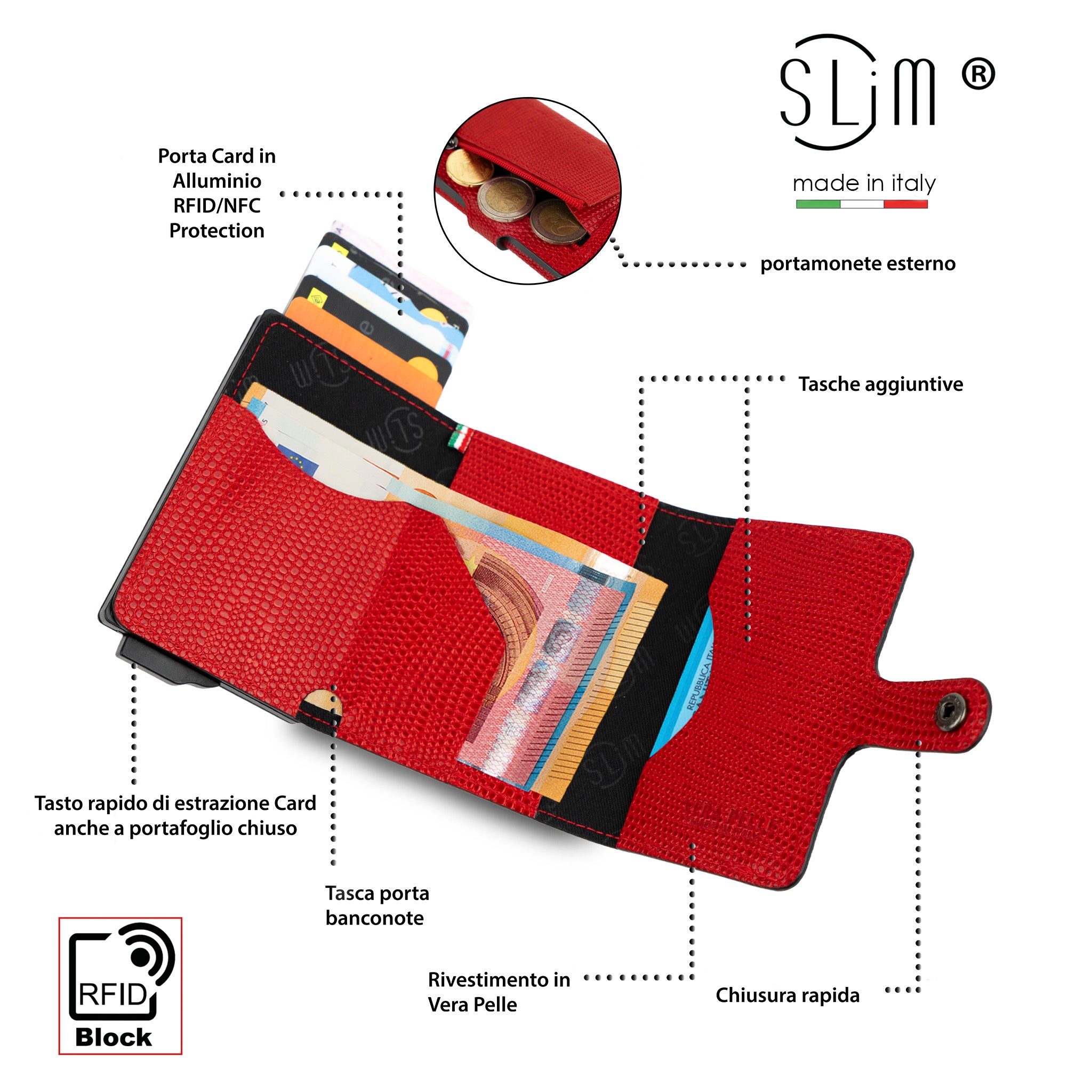 SLim Vera Pelle Tejus Rosso portacarte antigraffio RFID