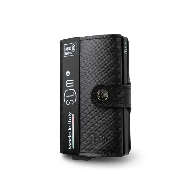 SLim Vera Pelle Carbon porta carte Nero senza zip 12 carte