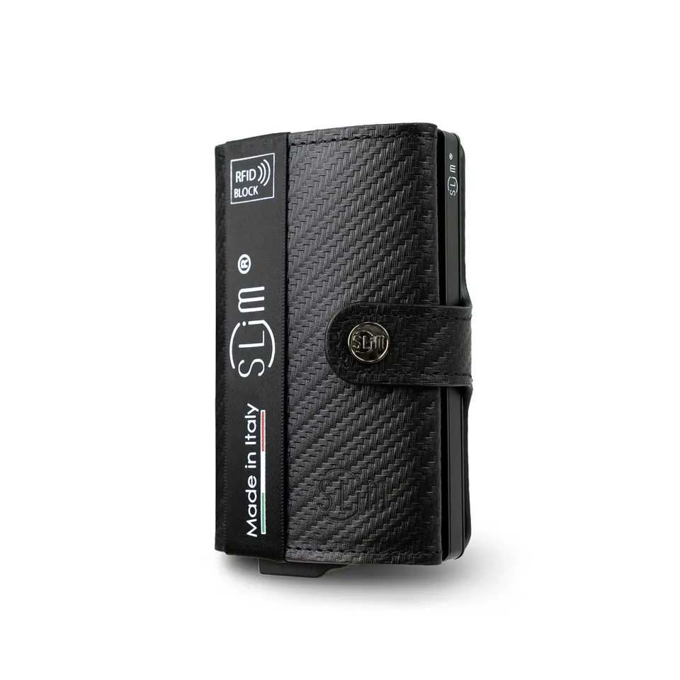SLim Vera Pelle Carbon porta carte Nero senza zip 12 carte