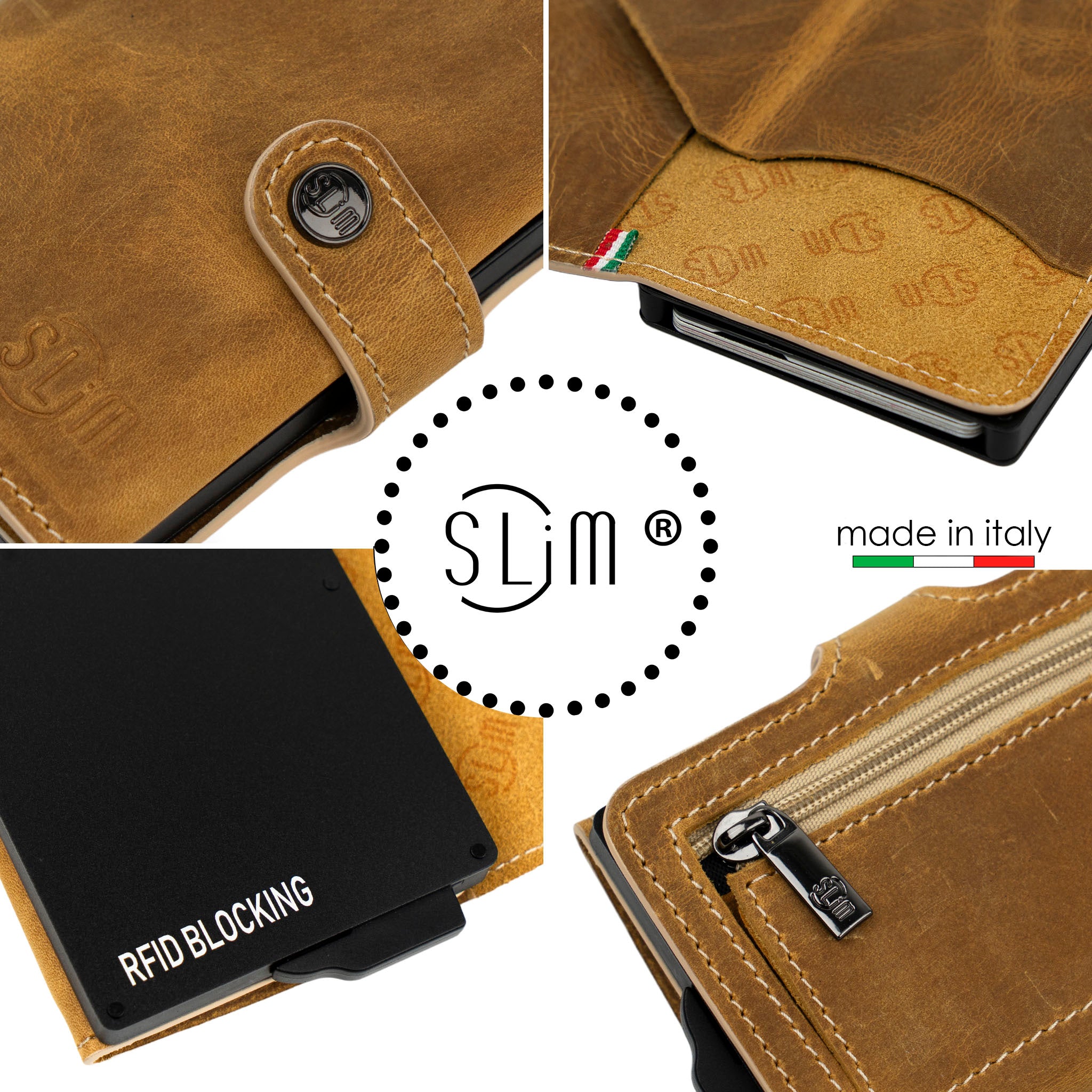 SLim Crazy Horse porta carte sabbia con zip RFID 12 carte