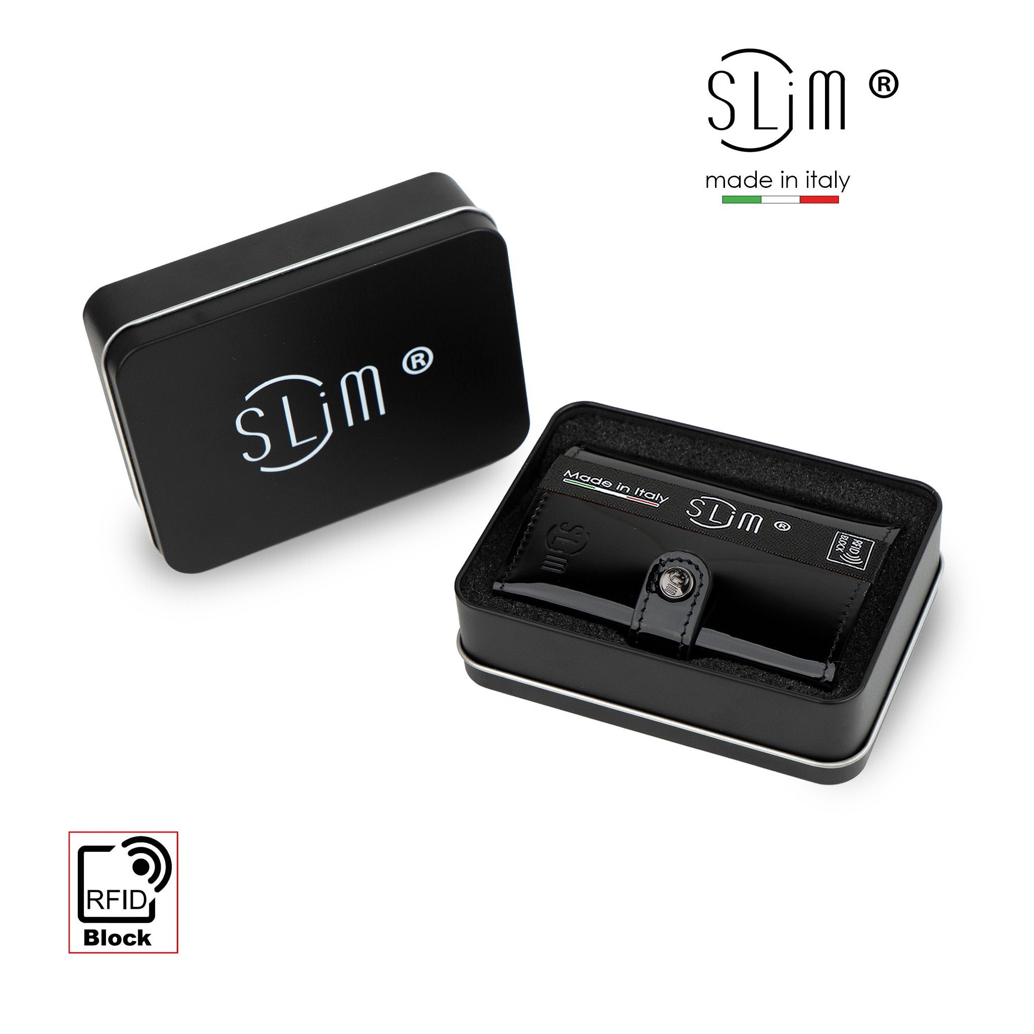 SLim Vera Pelle portacarte Specchio Nero con zip RFID