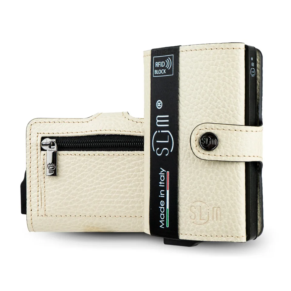 SLim Bottalato Portafoglio Compatto Beige Zip RFID 12 Carte