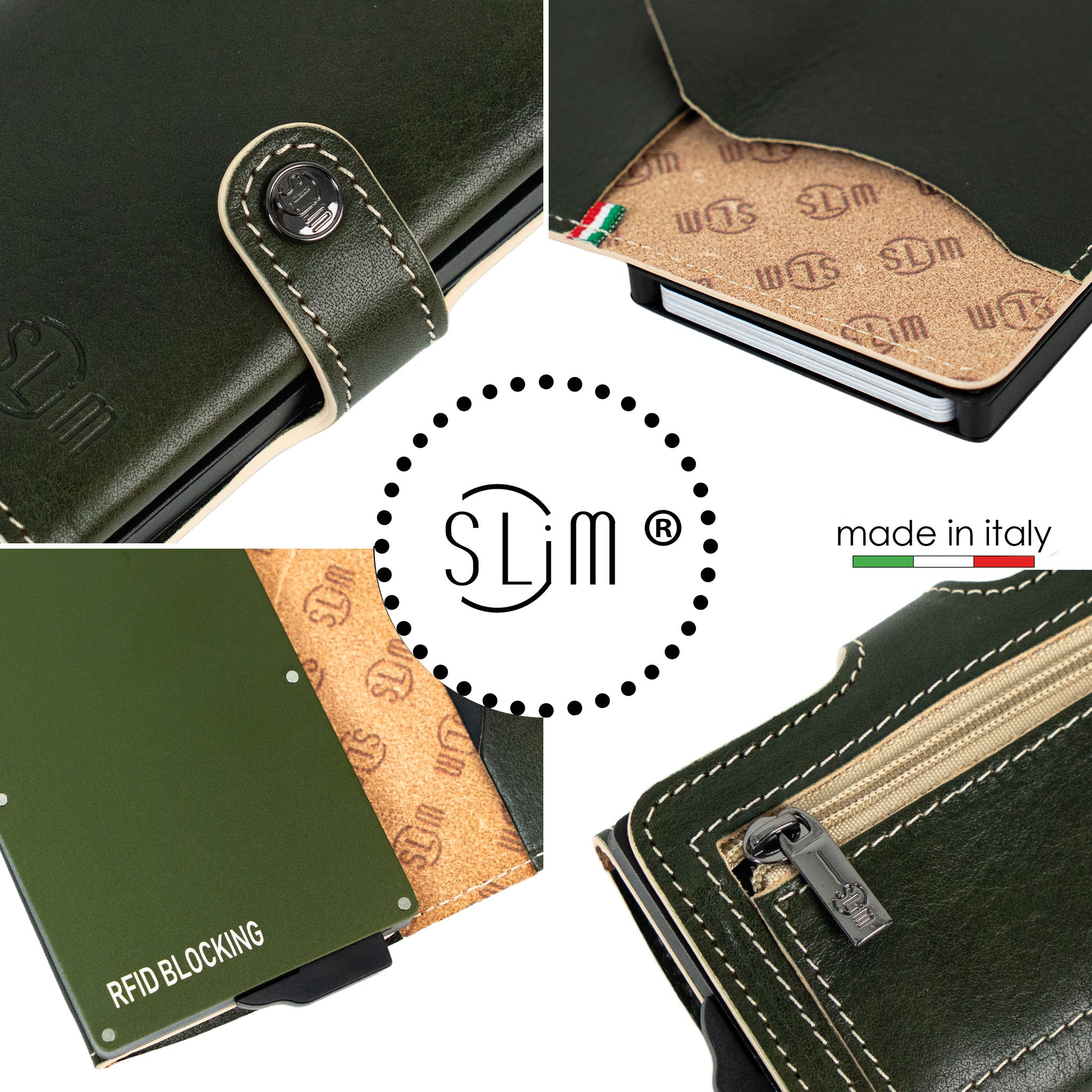 SLim Vera Pelle Vegetale Verde Zip portacarte RFID 10,5x7