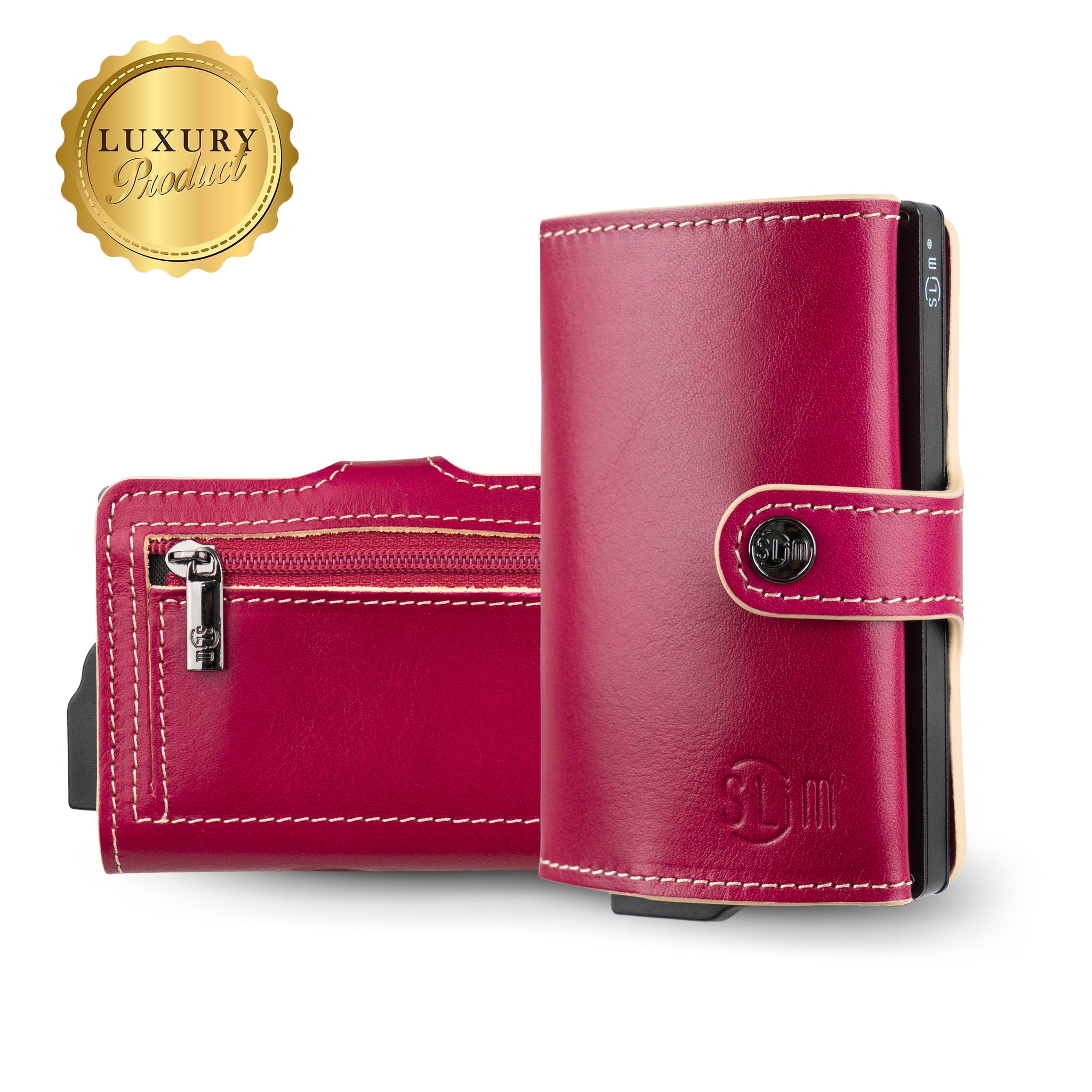 SLim Vera Pelle portacarte fucsia zip RFID 12 carte