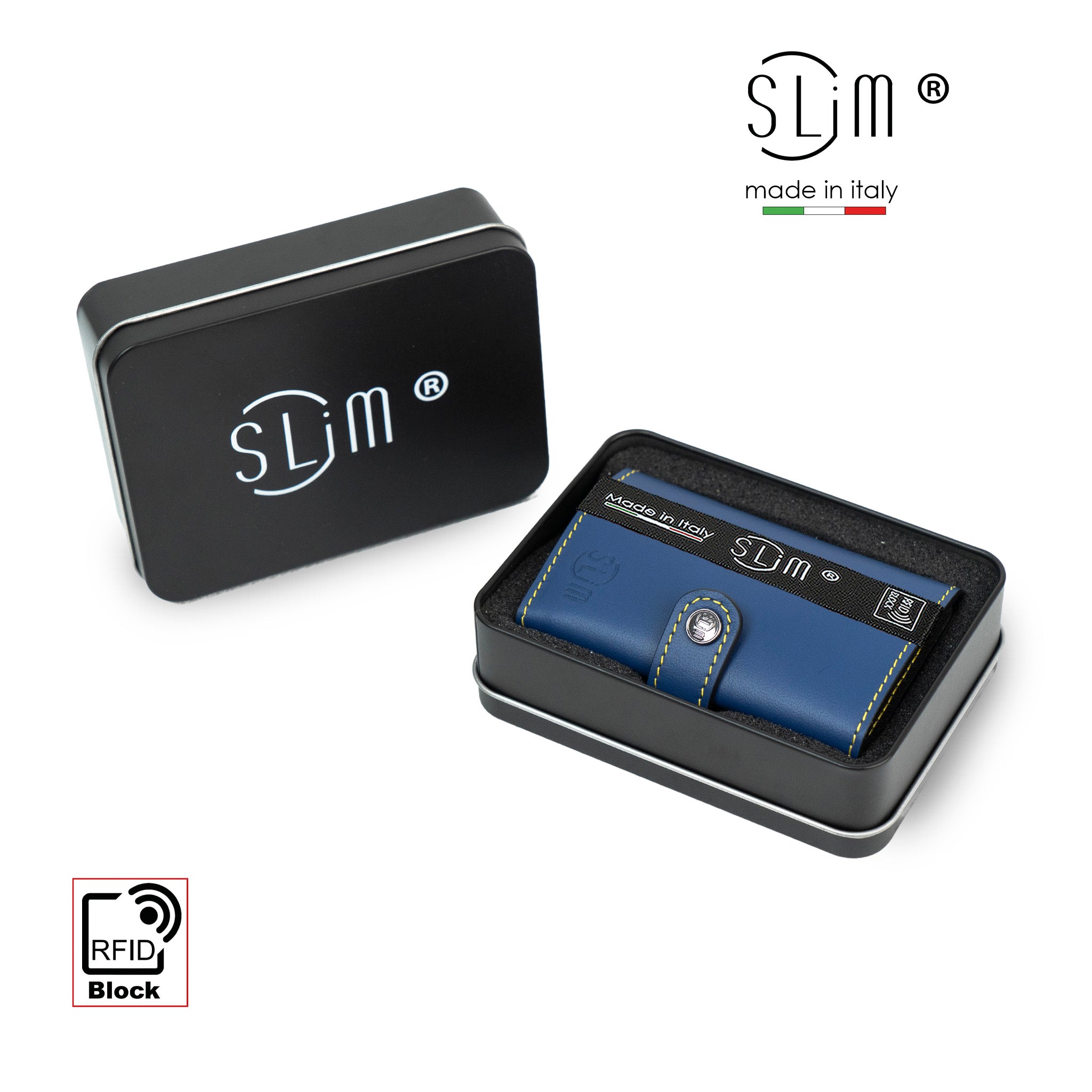 SLim Vera Pelle Blu Giallo porta carte zip 12 carte RFID