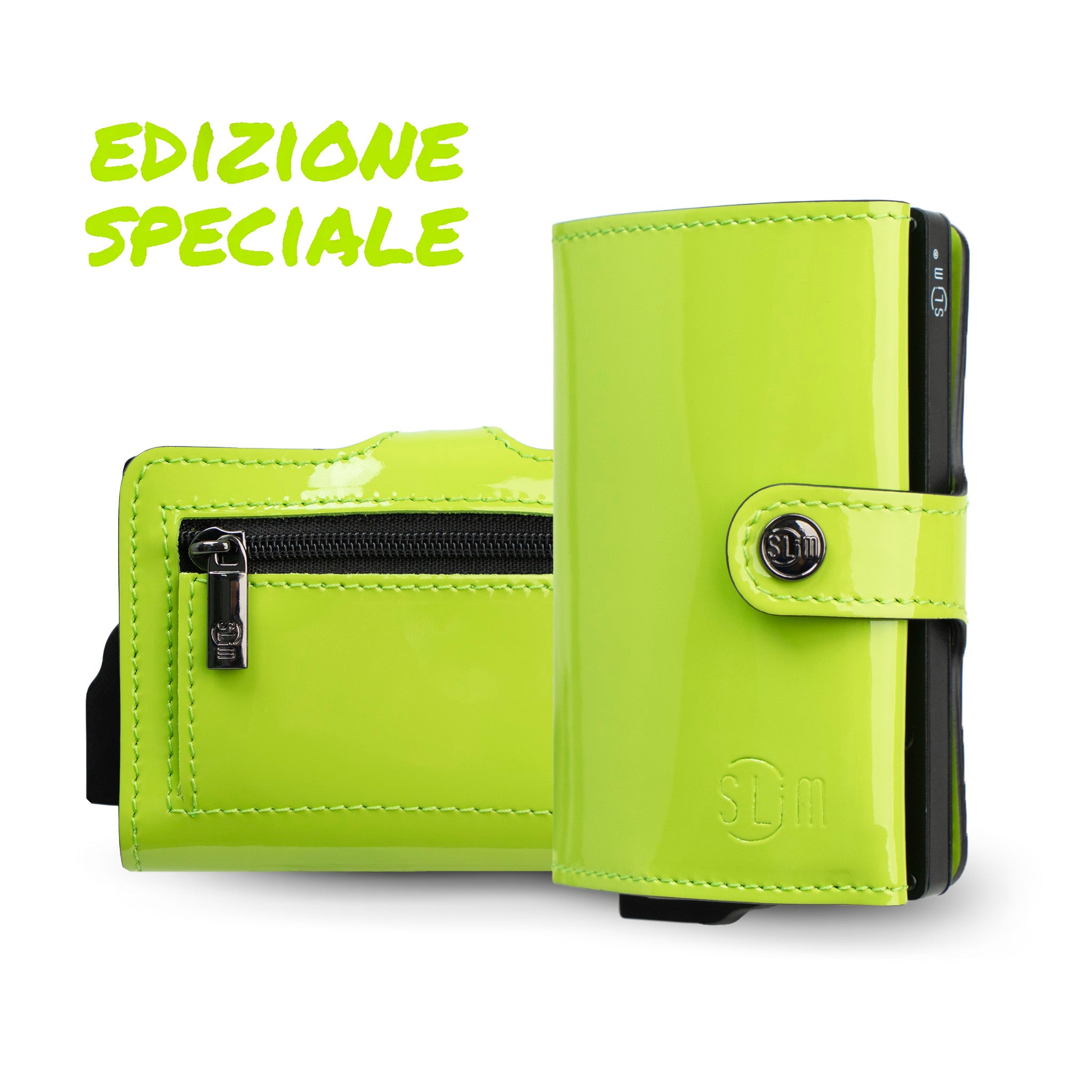 SLim Vera Pelle Porta Carte Verde Mela Zip Specchio