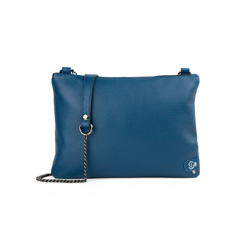 SLim Pochette Tracolla Pelle Bottalato Blu 24x19,5 cm
