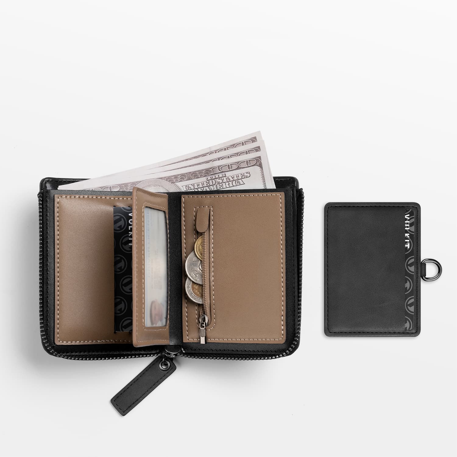 VULKIT VW117 Portafoglio Zip Pelle Marrone RFID