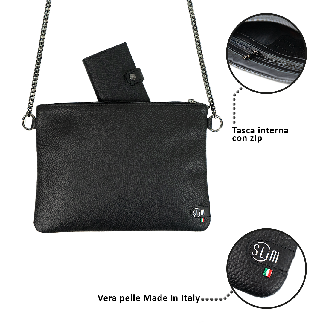 SLim Pochette Tracolla pelle bottalato nero 24x19,5 cm