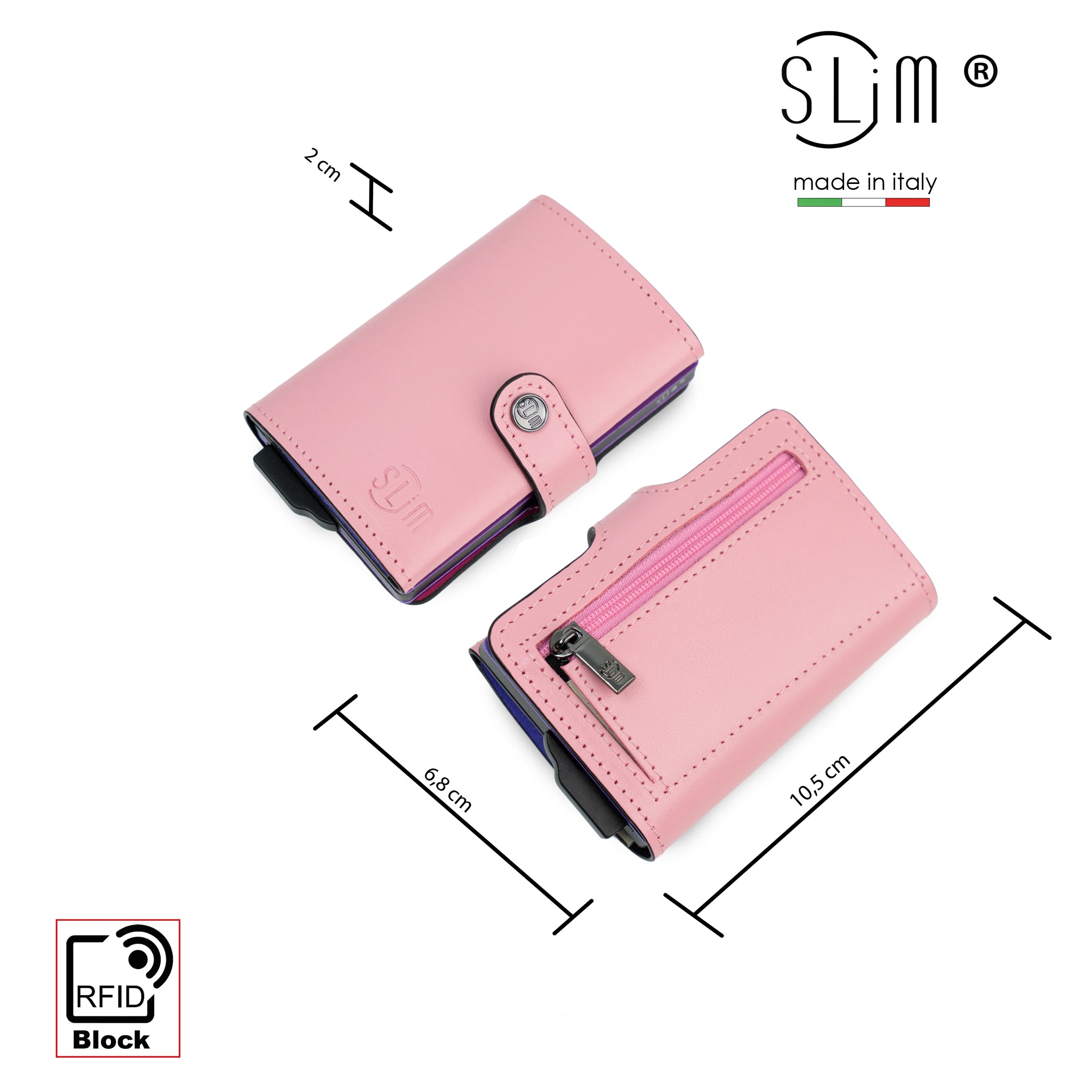 SLim Vera Pelle Portacarte Rosa Multicolor Zip Monete