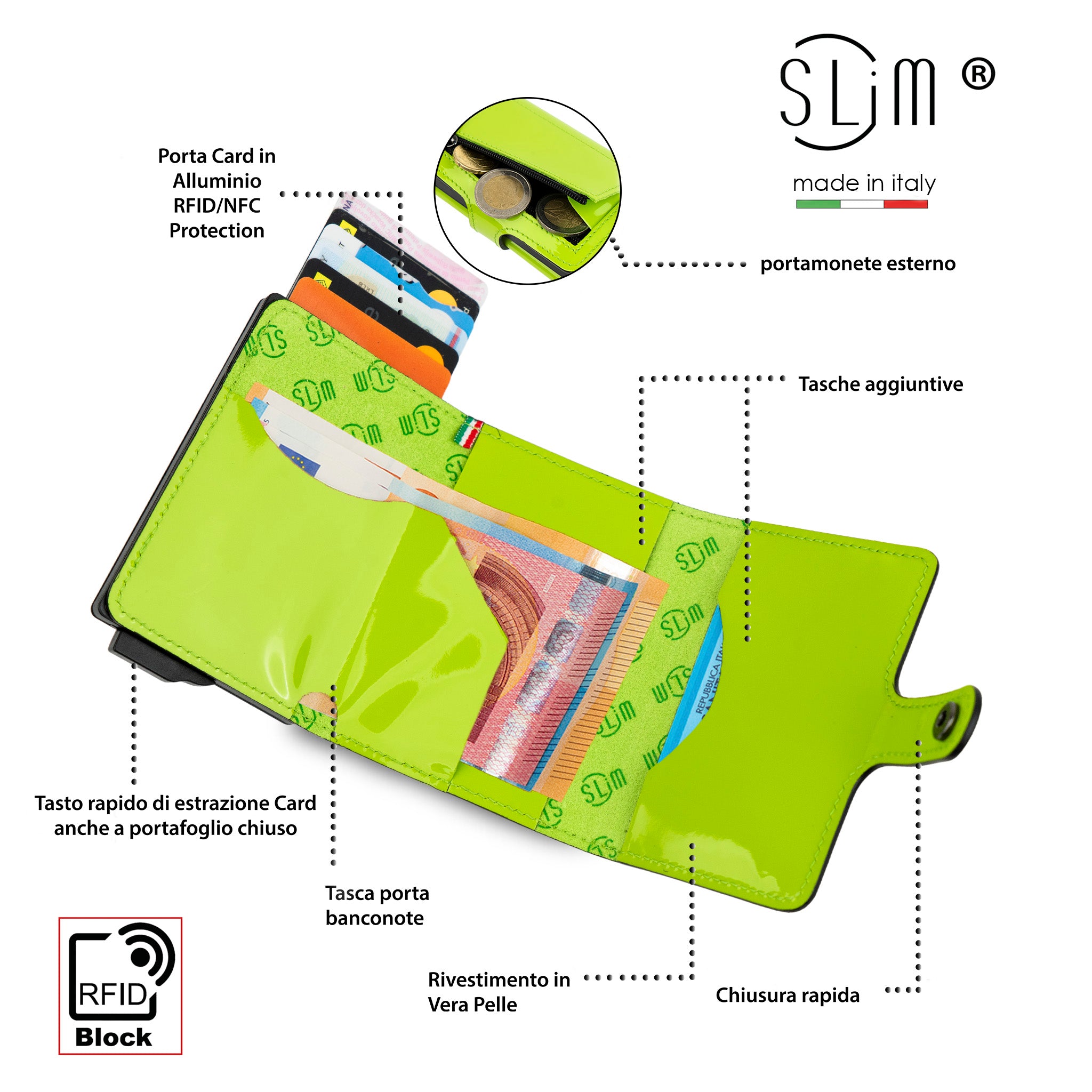 SLim Vera Pelle Specchio portafoglio Blu RFID 12 carte