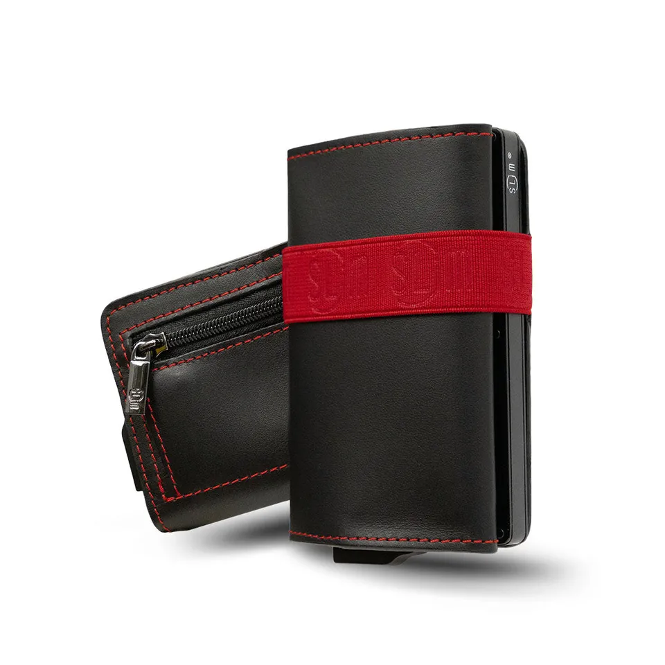 SLim Vera Pelle E portafoglio Nero Elastico Rosso zip RFID
