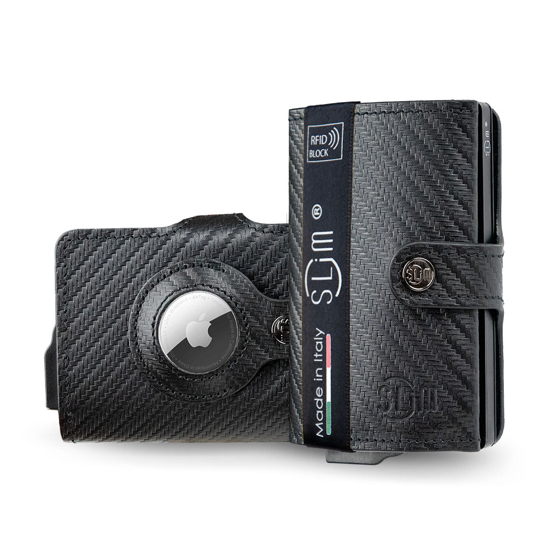 SLim Vera Pelle Carbon portafoglio compatto AirTag RFID