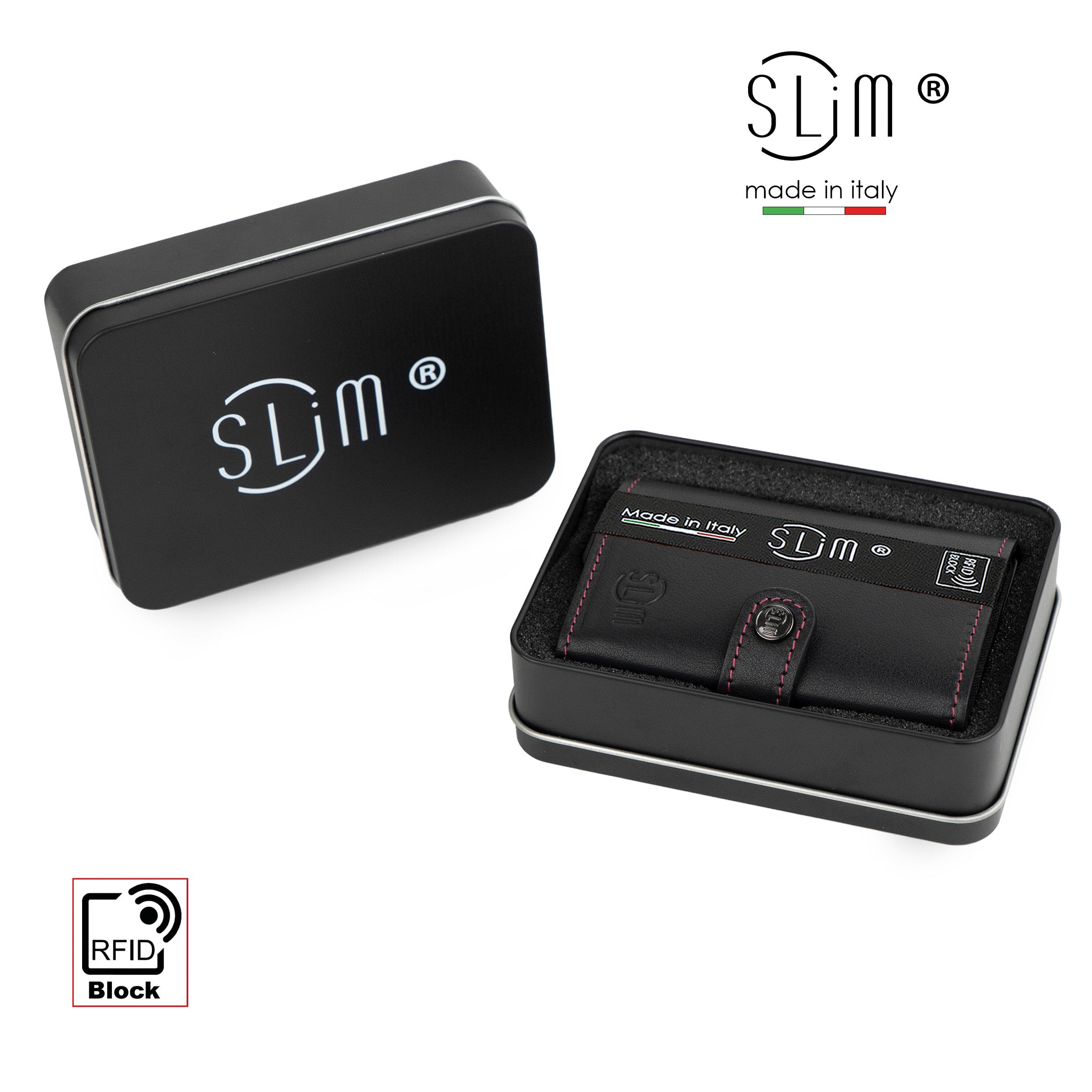 SLim Vera Pelle Portafoglio Nero Fucsia 12 Carte RFID