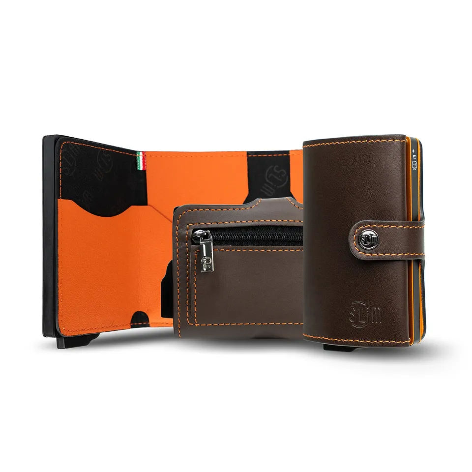 SLim Vera Pelle portafoglio testa moro arancio zip RFID
