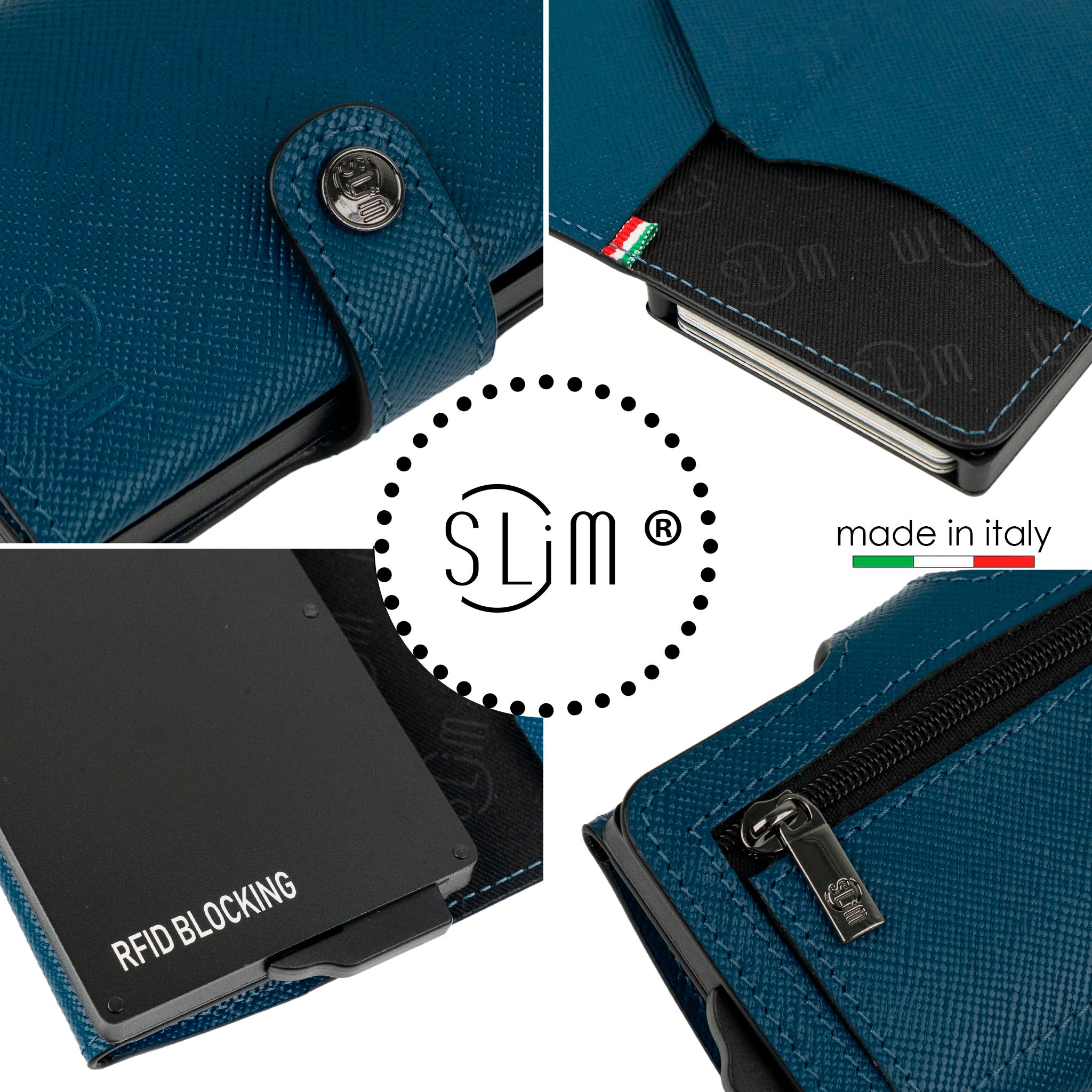 SLim Saffiano Porta Carte Pelle Petrolio Zip RFID