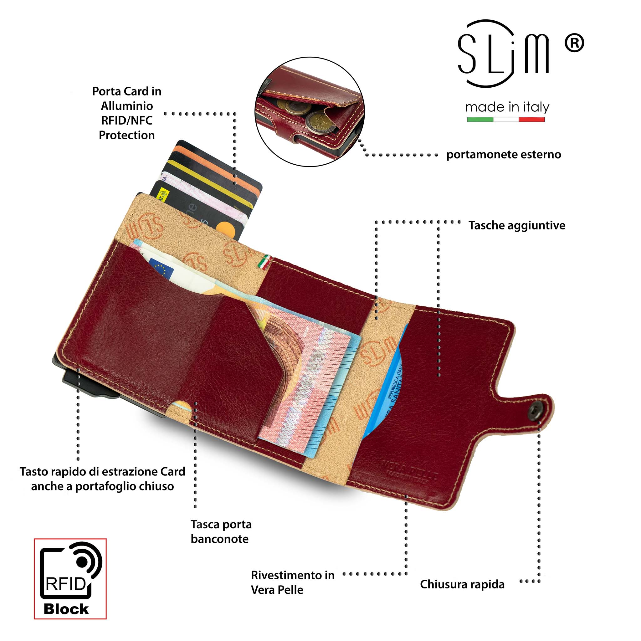 SLim Vera Pelle Portafoglio Rosso Concia Vegetale Zip RFID