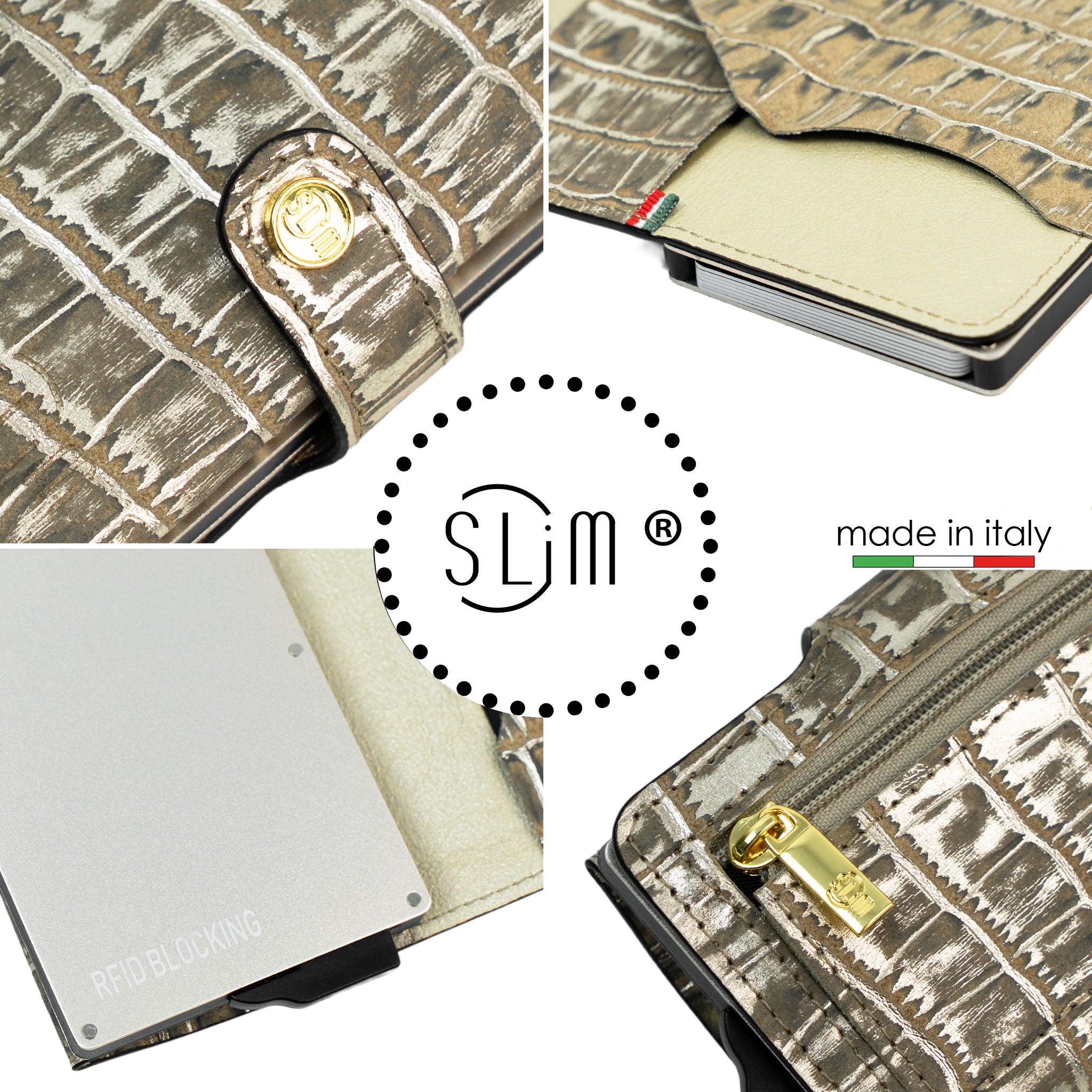 SLim Stampa Cocco Portacarte Pelle Cocco Metal Oro
