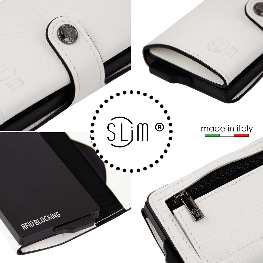 SLim Saffiano portacarte bianco con zip anti graffio RFID