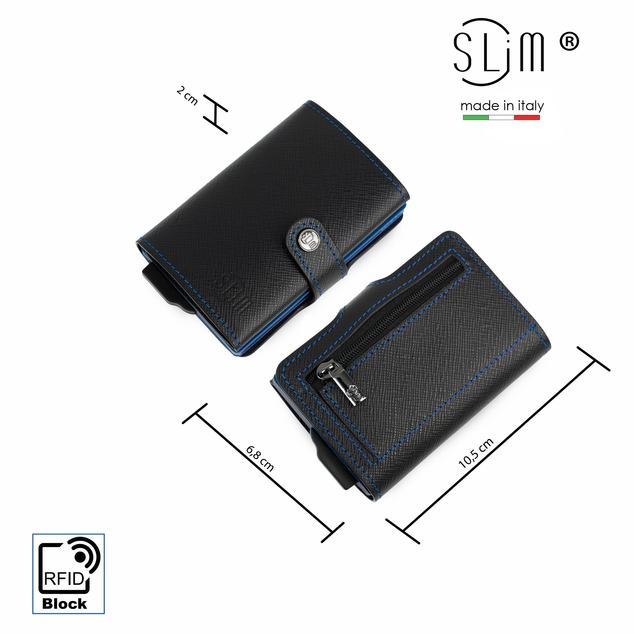 SLim Saffiano Nero portafoglio cassa blu vera pelle