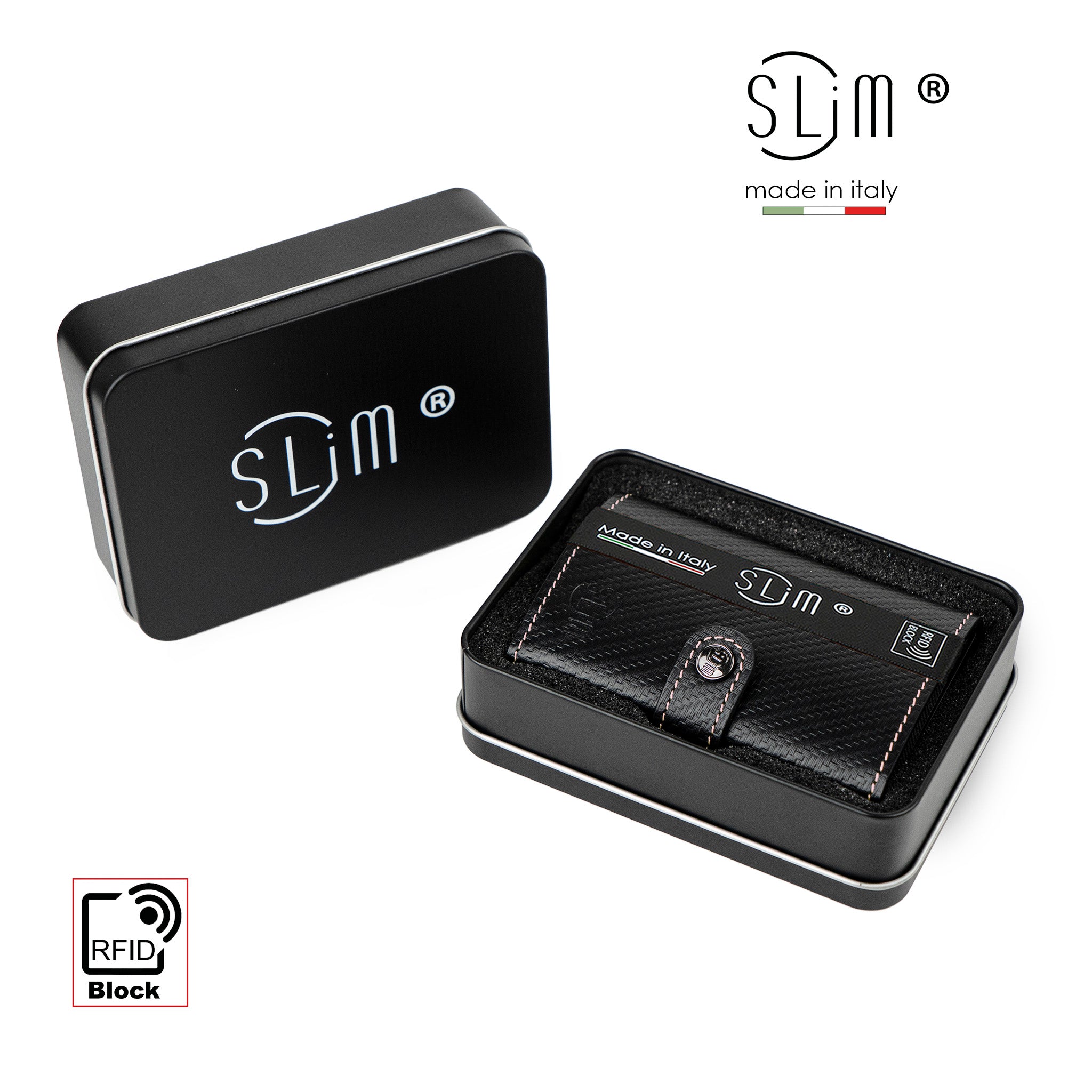SLim Vera Pelle Carbon Portacarte Nero Rosa Zip RFID