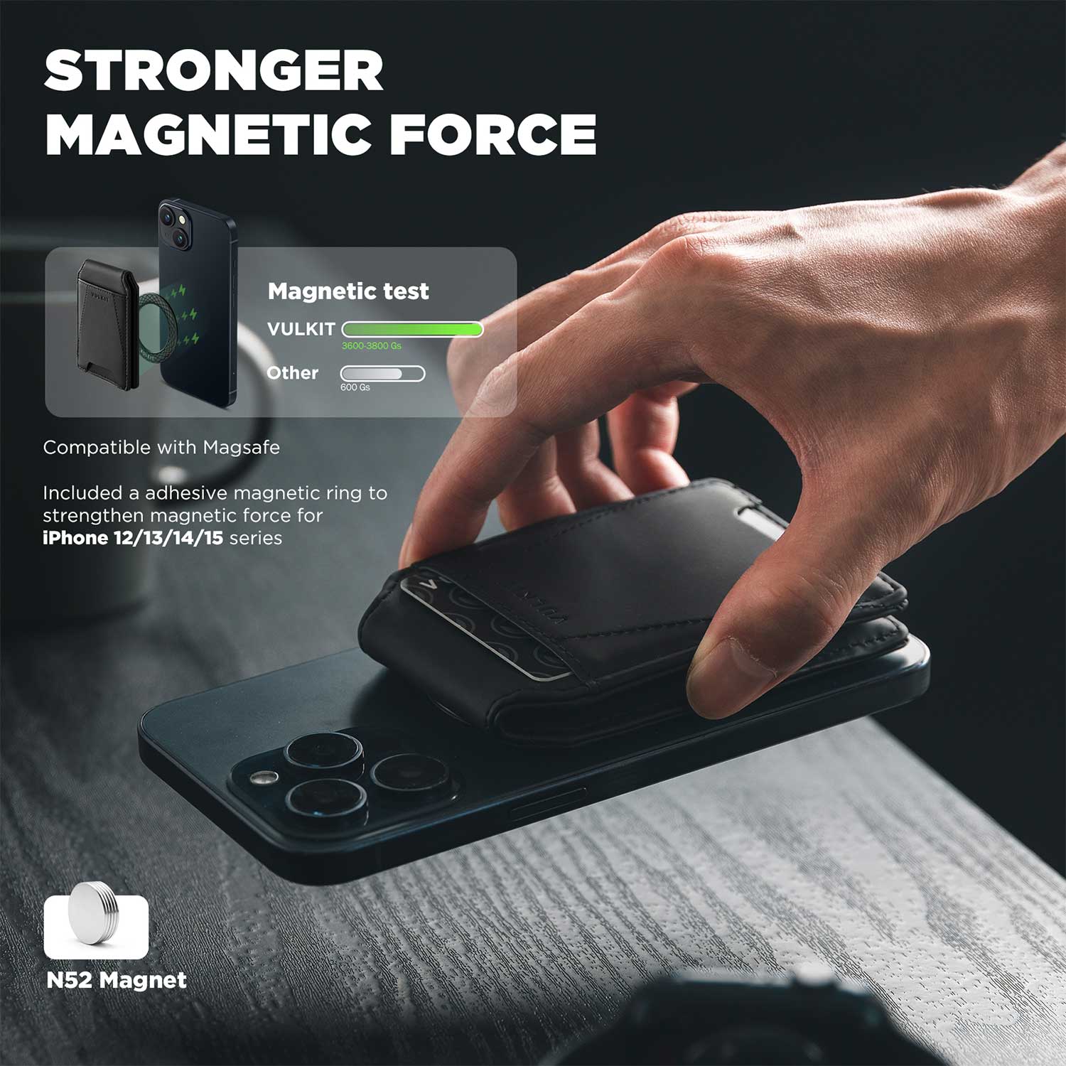 VULKIT VPA109 Portafoglio Magnetico Telefono Nero 4 Carte