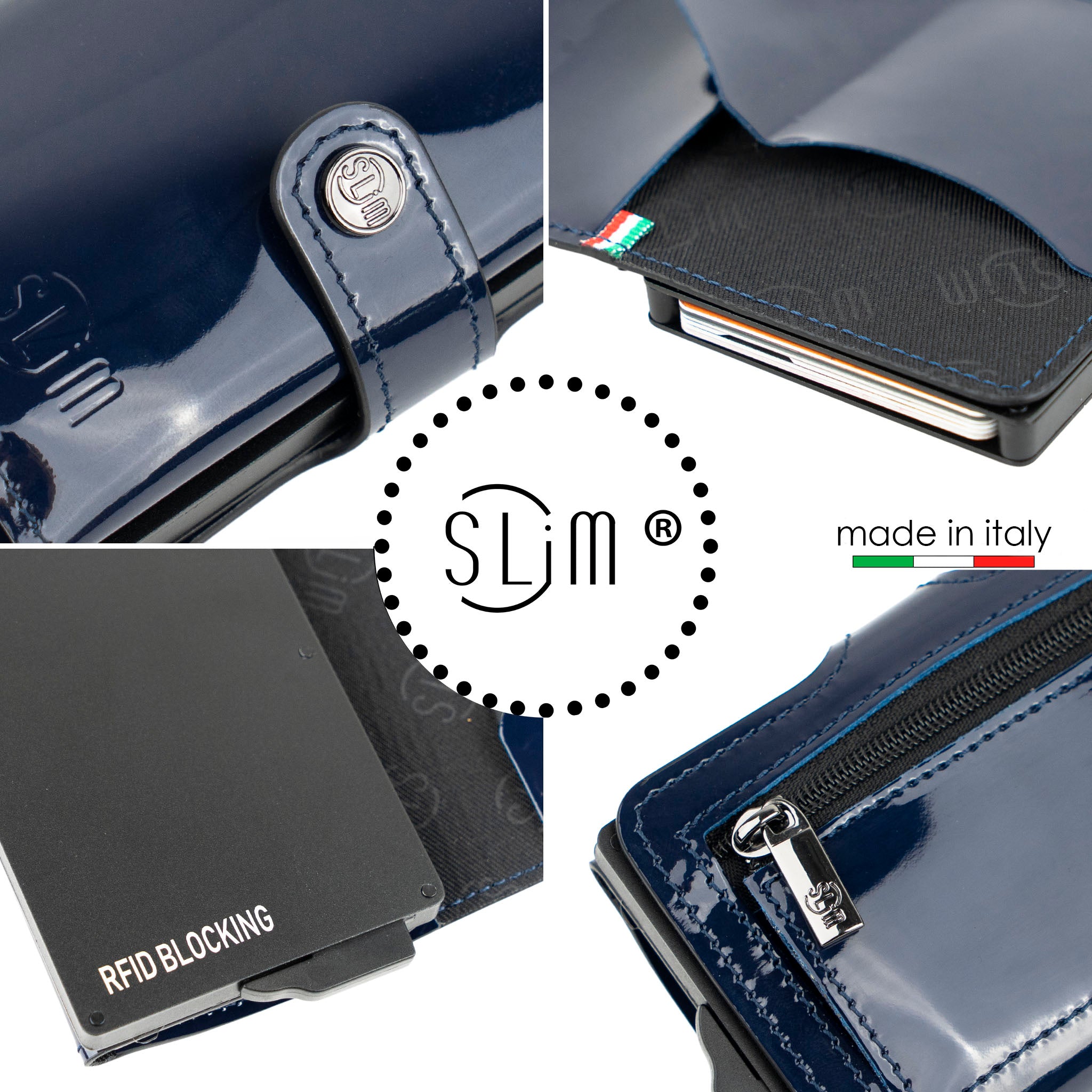 SLim Vera Pelle portafoglio Specchio Blu con Zip 12 carte