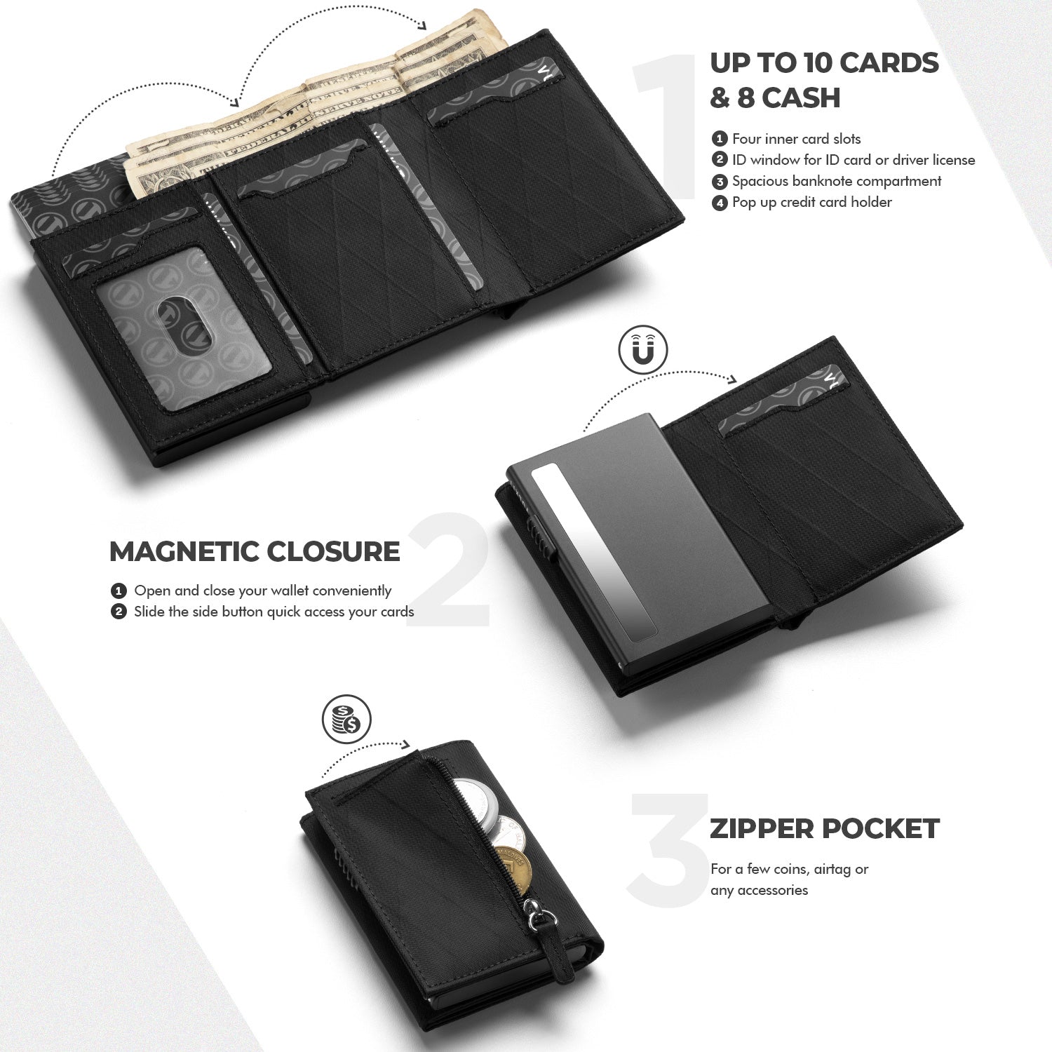 VULKIT Pop Up Wallet VC302F Portafoglio Nero Impermeabile