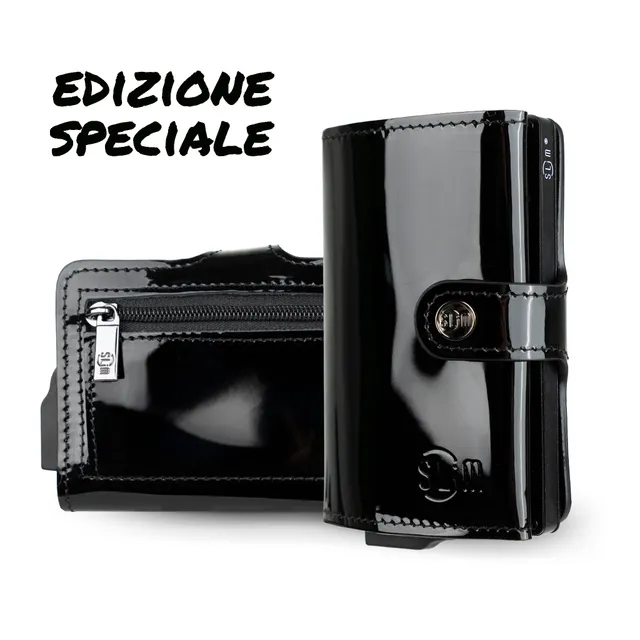 SLim Vera Pelle portacarte Specchio Nero con zip RFID