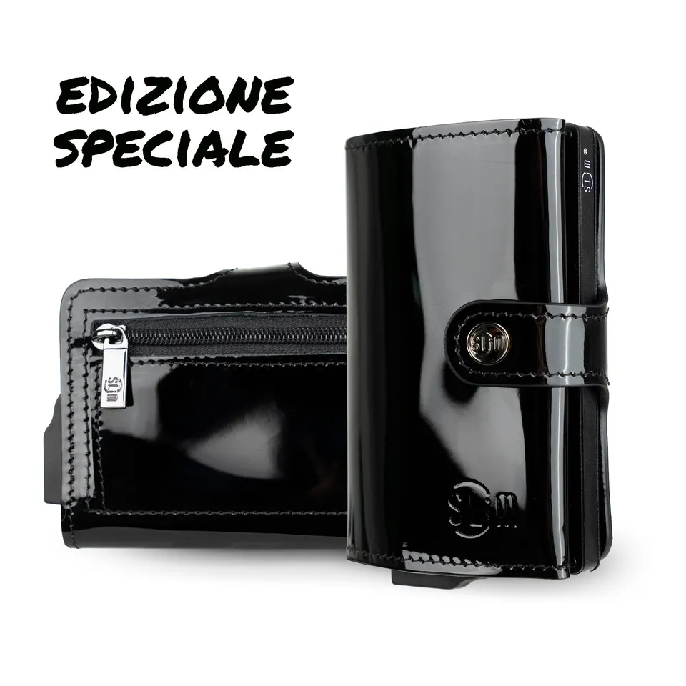 SLim Vera Pelle portacarte Specchio Nero con zip RFID