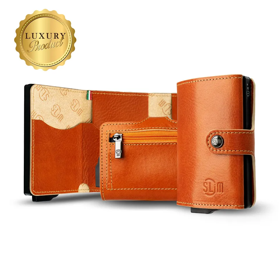 SLim Vera Pelle portacarte arancio concia vegetale zip