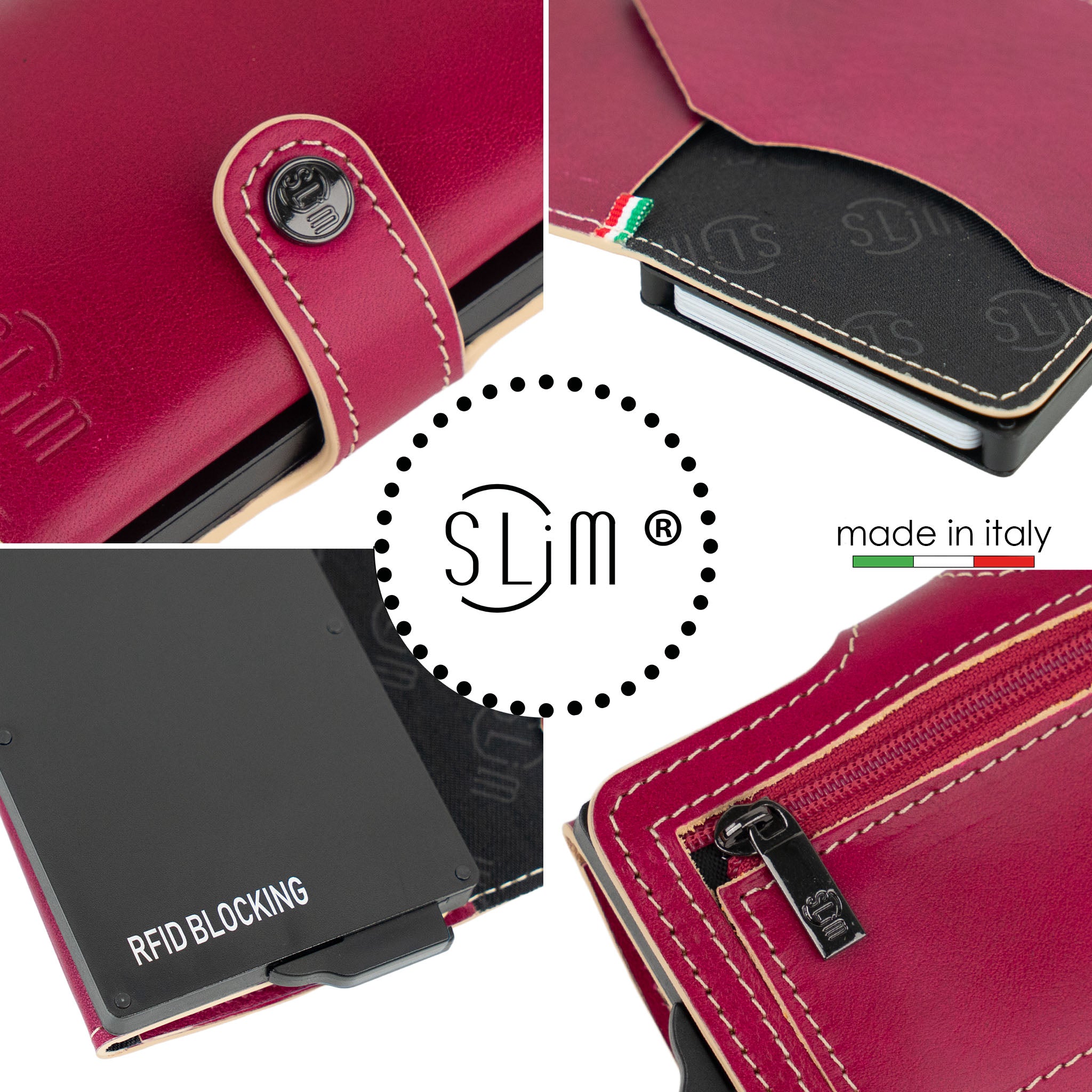 SLim Vera Pelle portacarte fucsia zip RFID 12 carte