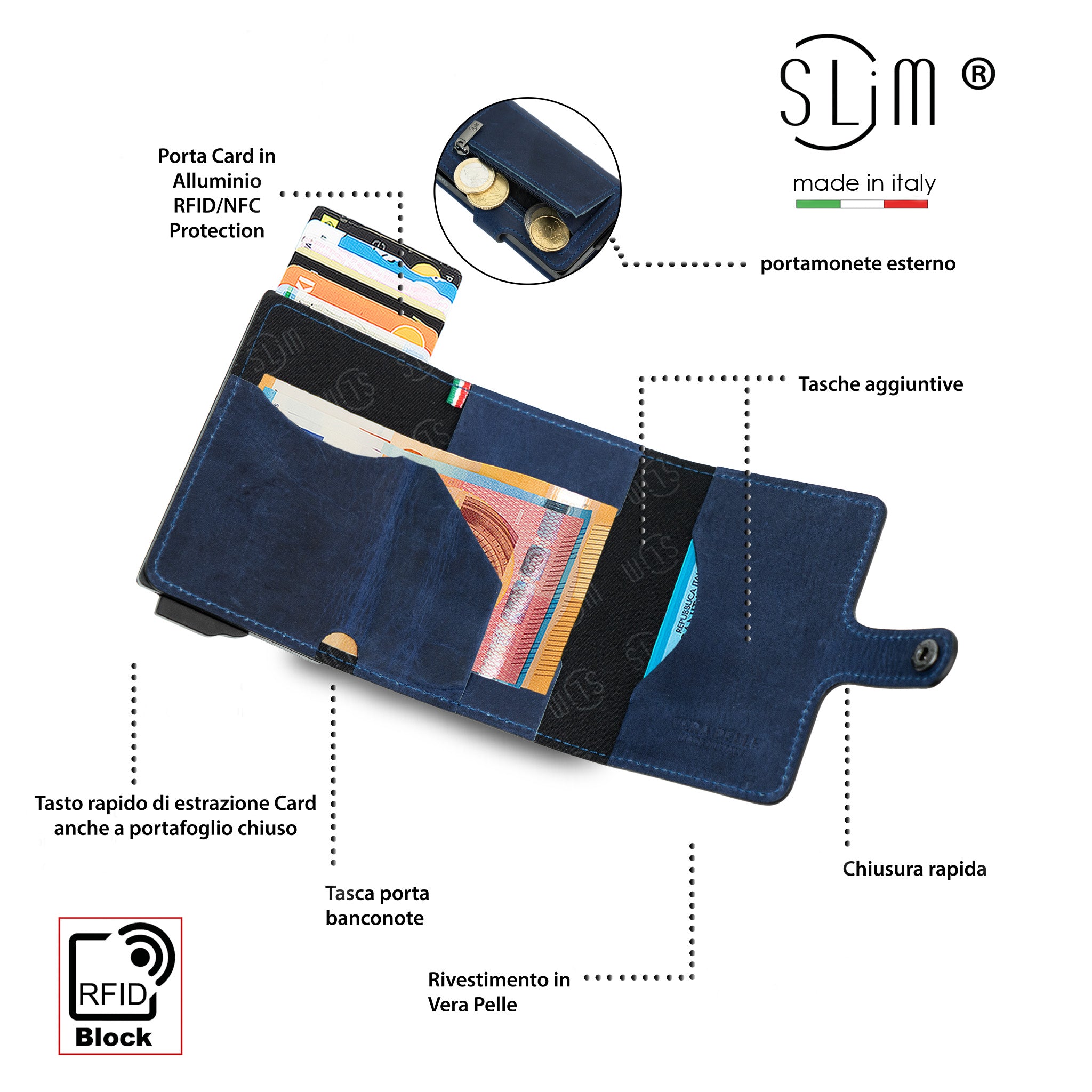 SLim Crazy Horse portafoglio pelle Crazy Horse blu