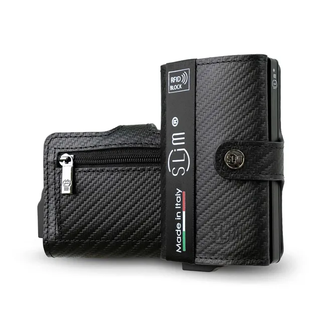 SLim Vera Pelle Carbon Portafoglio Nero Zip RFID
