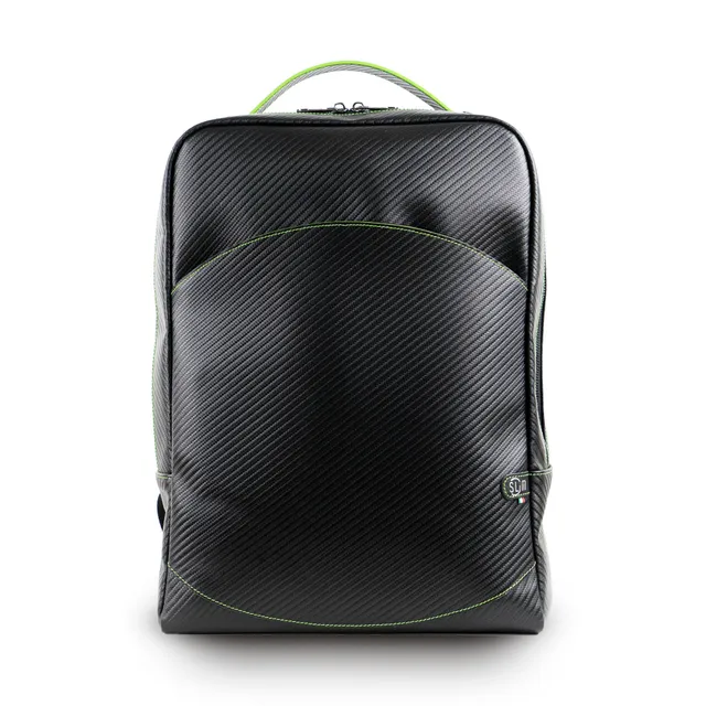 SLim Zaino Vera Pelle Carbon Nero cuciture Verdi 19 L