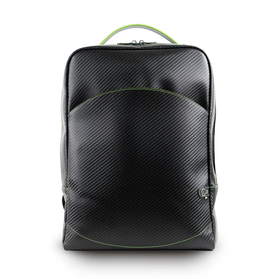 SLim Zaino Vera Pelle Carbon Nero cuciture Verdi 19 L