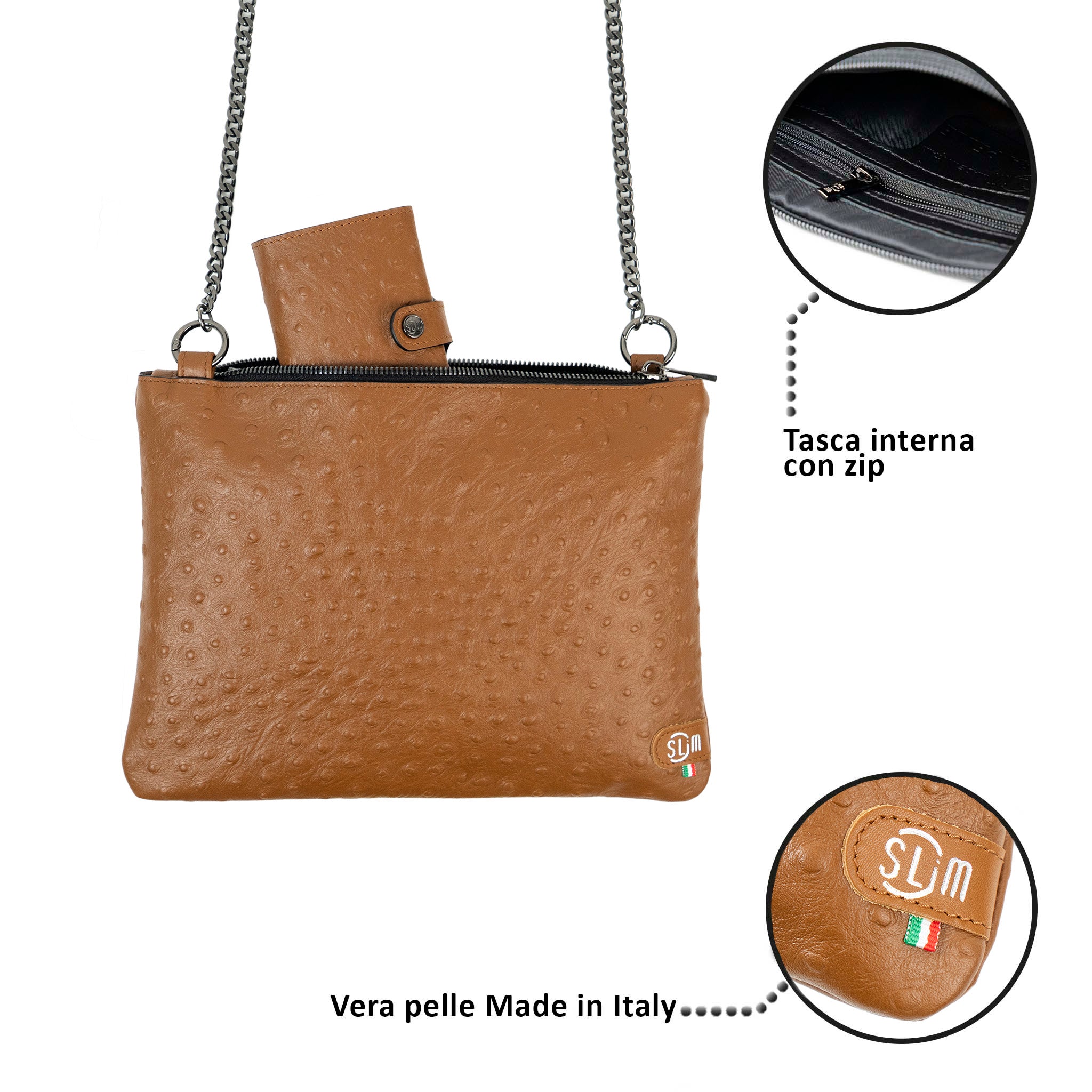 SLim Pochette Tracolla Pelle Struzzo Marrone 24 cm