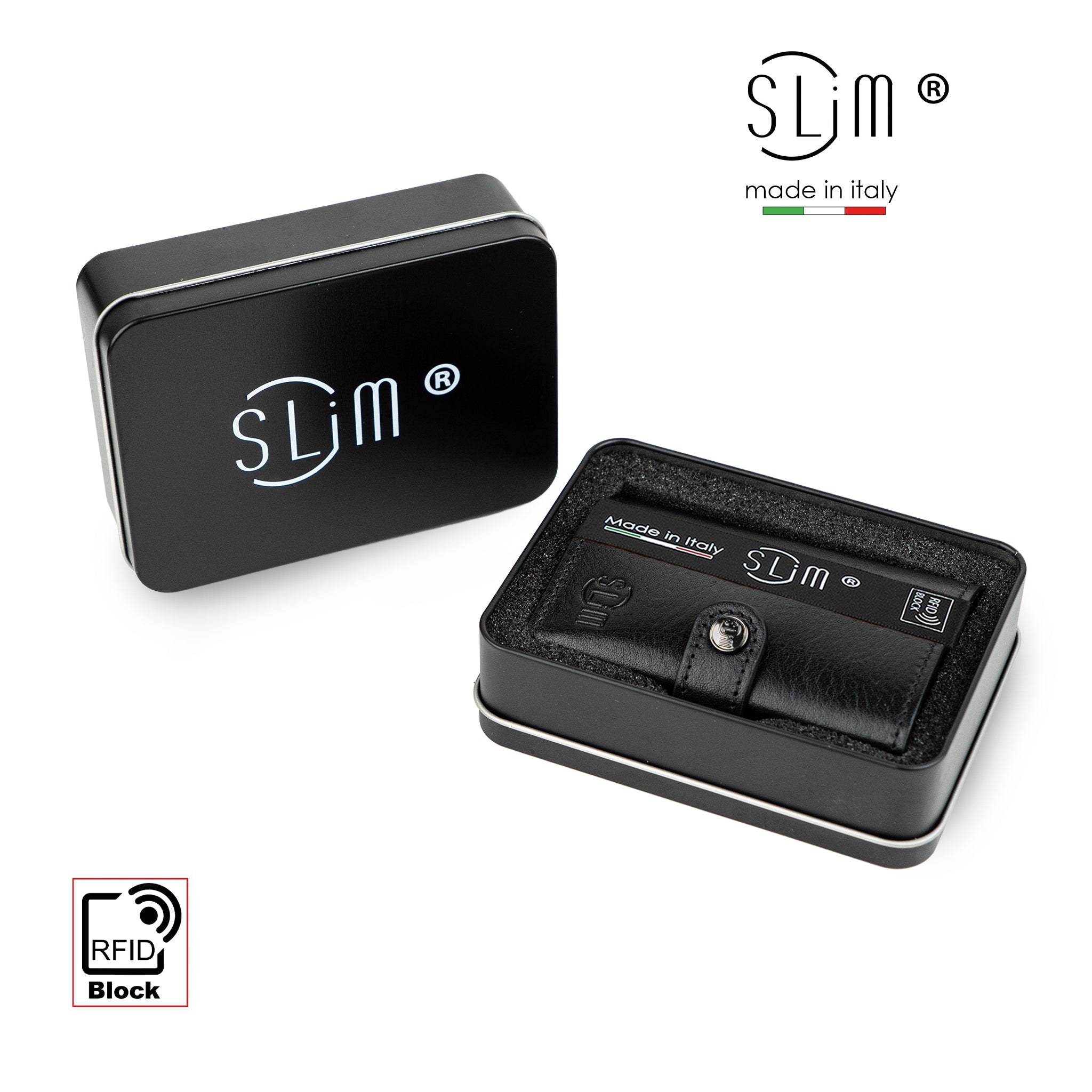 SLim Vera Pelle portacarte nero concia vegetale zip RFID