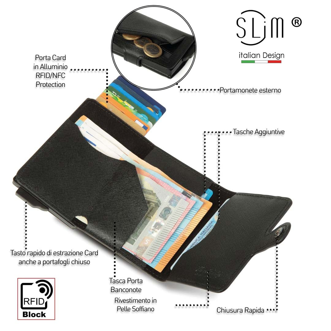 SLim Saffiano Nero portacarte zip pelle anti graffio