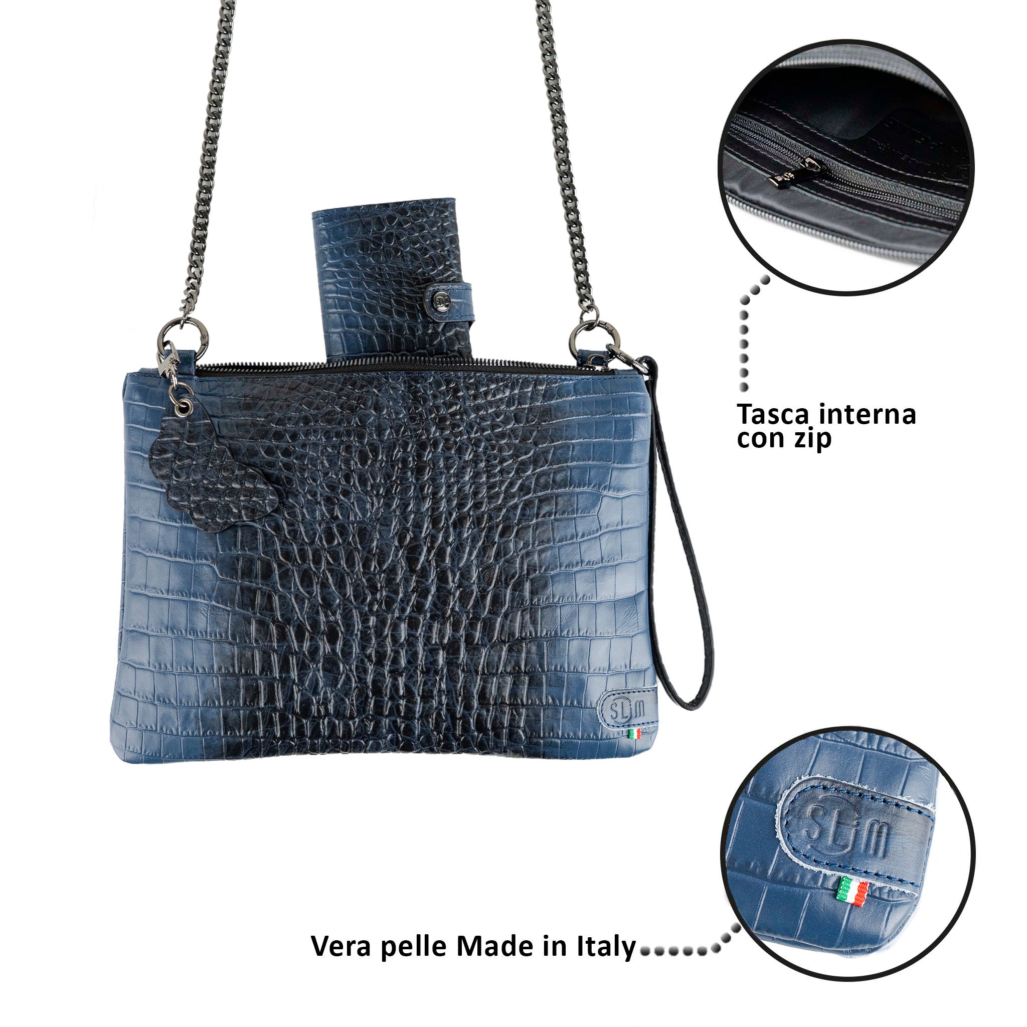 SLim Pochette Tracolla Cocco Blu vera pelle 23x14 cm
