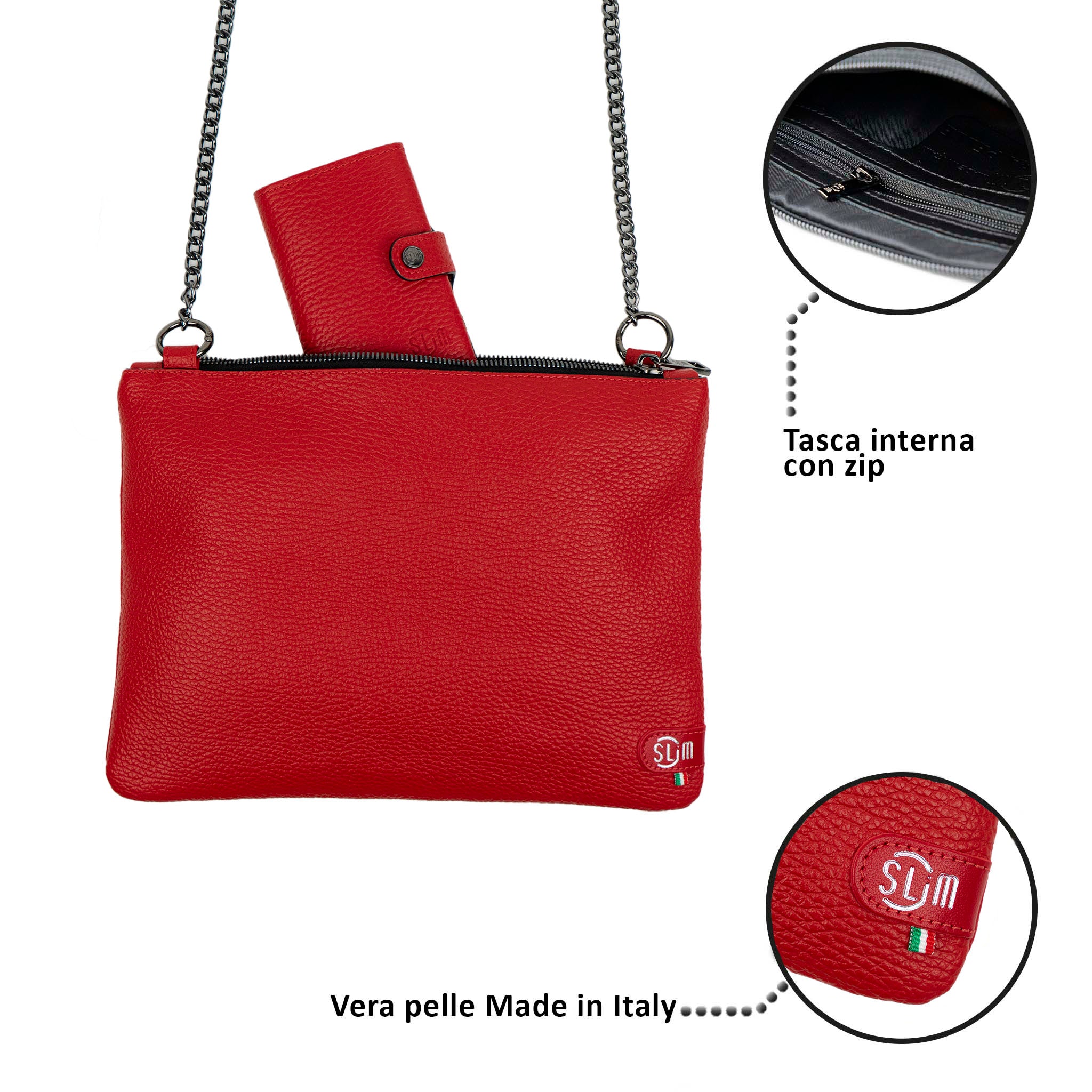 SLim Pochette Tracolla Pelle Bottalato Rosso 24 cm