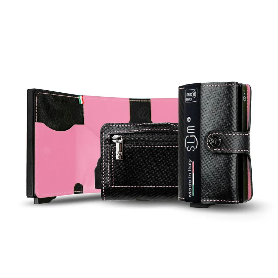 SLim Vera Pelle Carbon Portacarte Nero Rosa Zip RFID