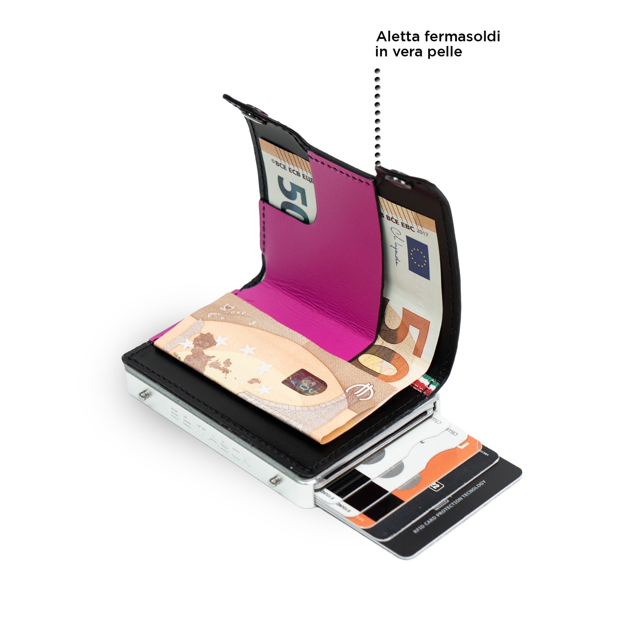 SLim Be Tasck portacarte pelle fucsia e nero frame nero