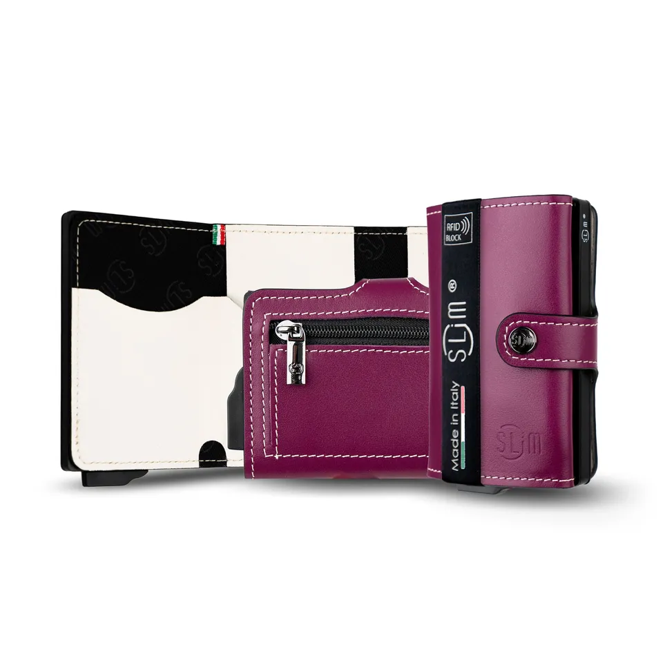 SLim Vera Pelle porta carte viola melanzana panna RFID