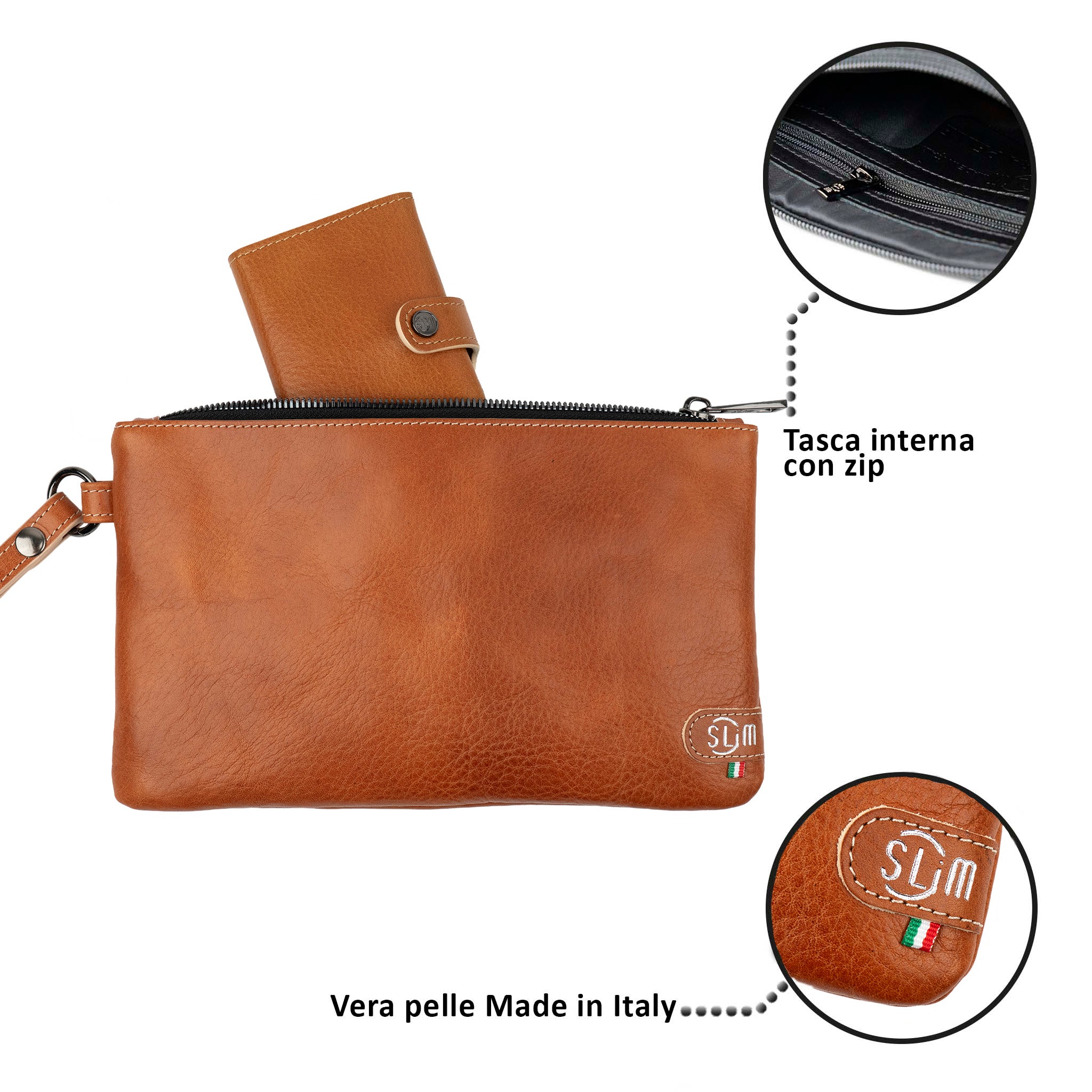 SLim Pochette Polsiera pochette pelle vegetale cognac